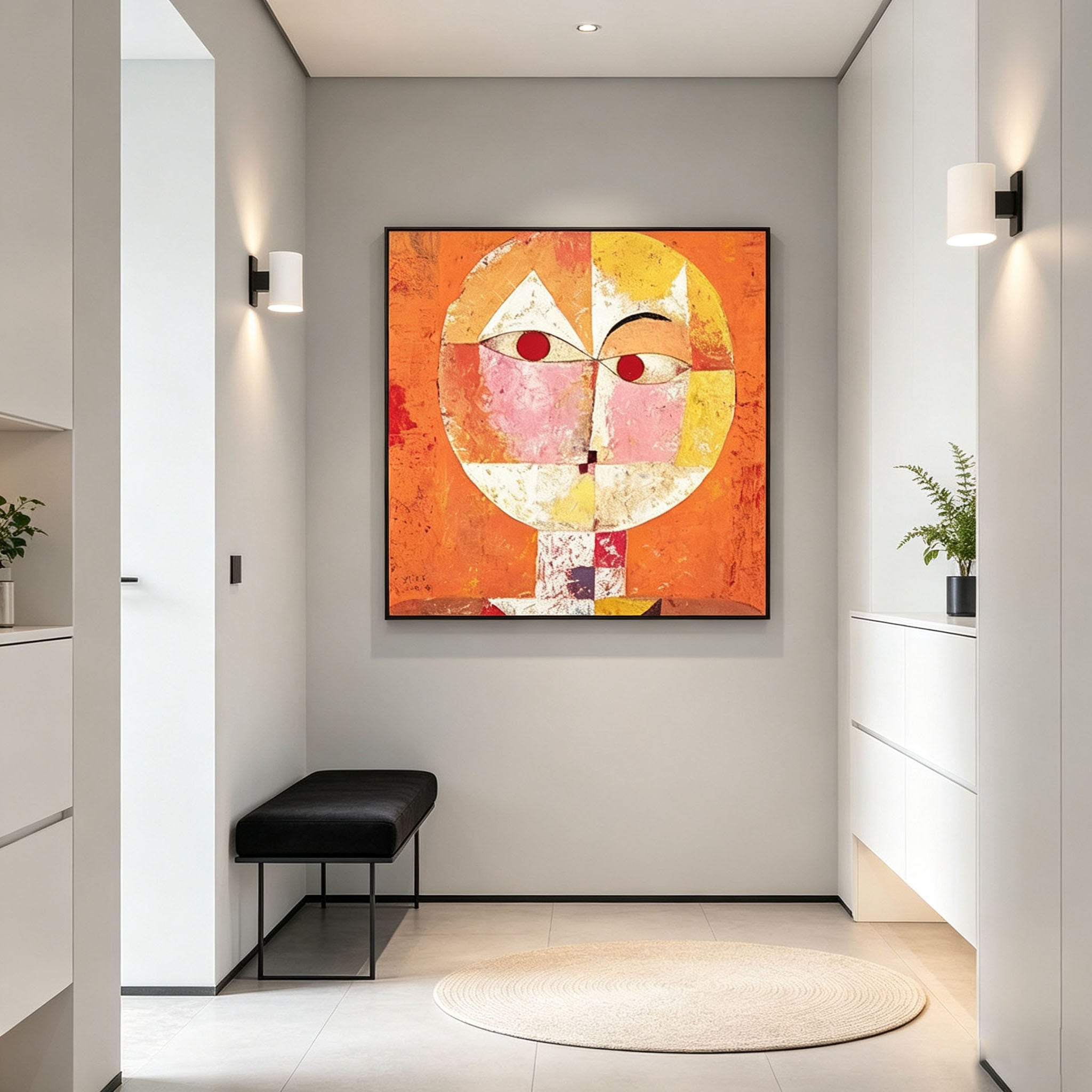 Abstract Geometric Face Oil Painting, Orange Textured Cubist Style Portrait Canvas Wall Art, Modern Living Room Decor
