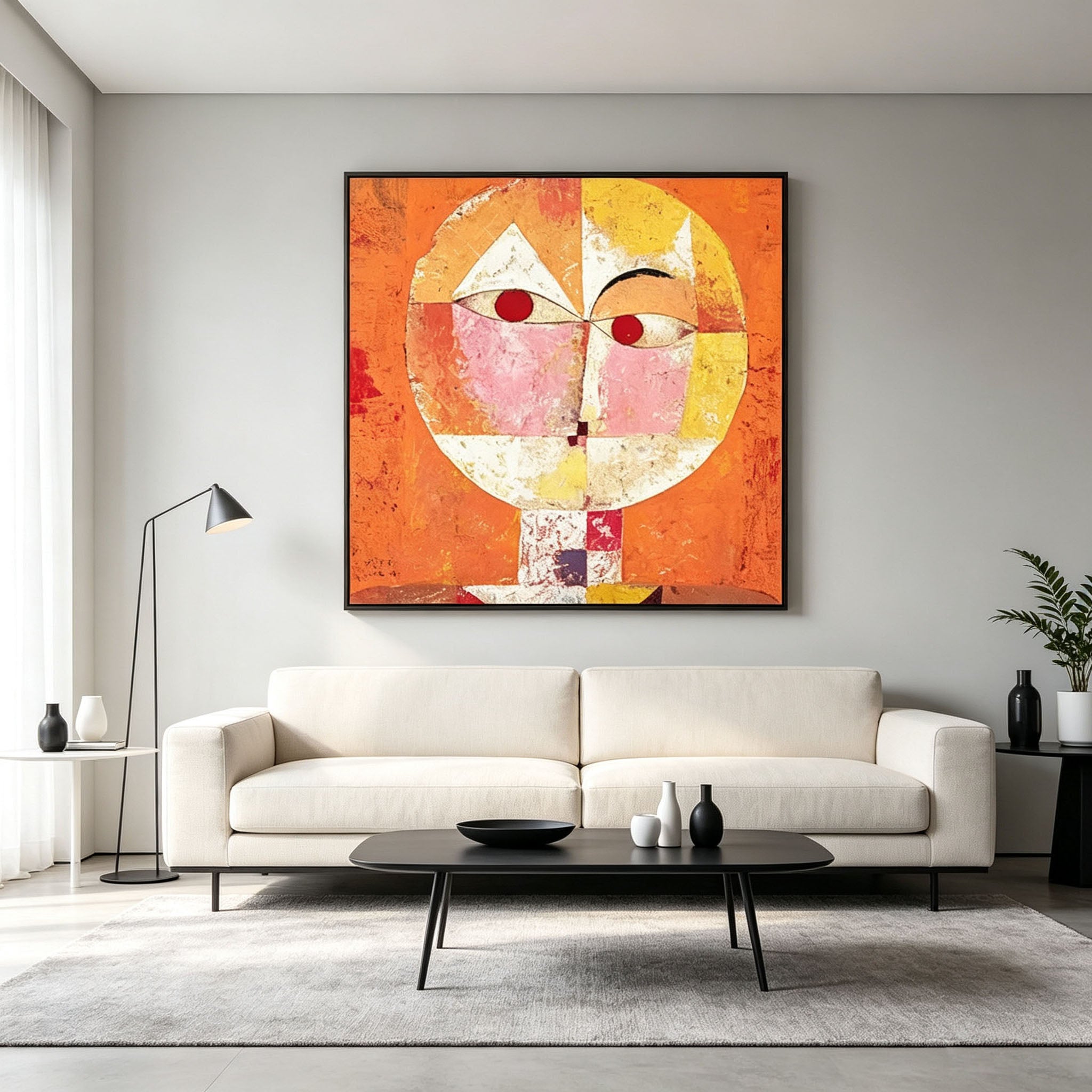 Abstract Geometric Face Oil Painting, Orange Textured Cubist Style Portrait Canvas Wall Art, Modern Living Room Decor