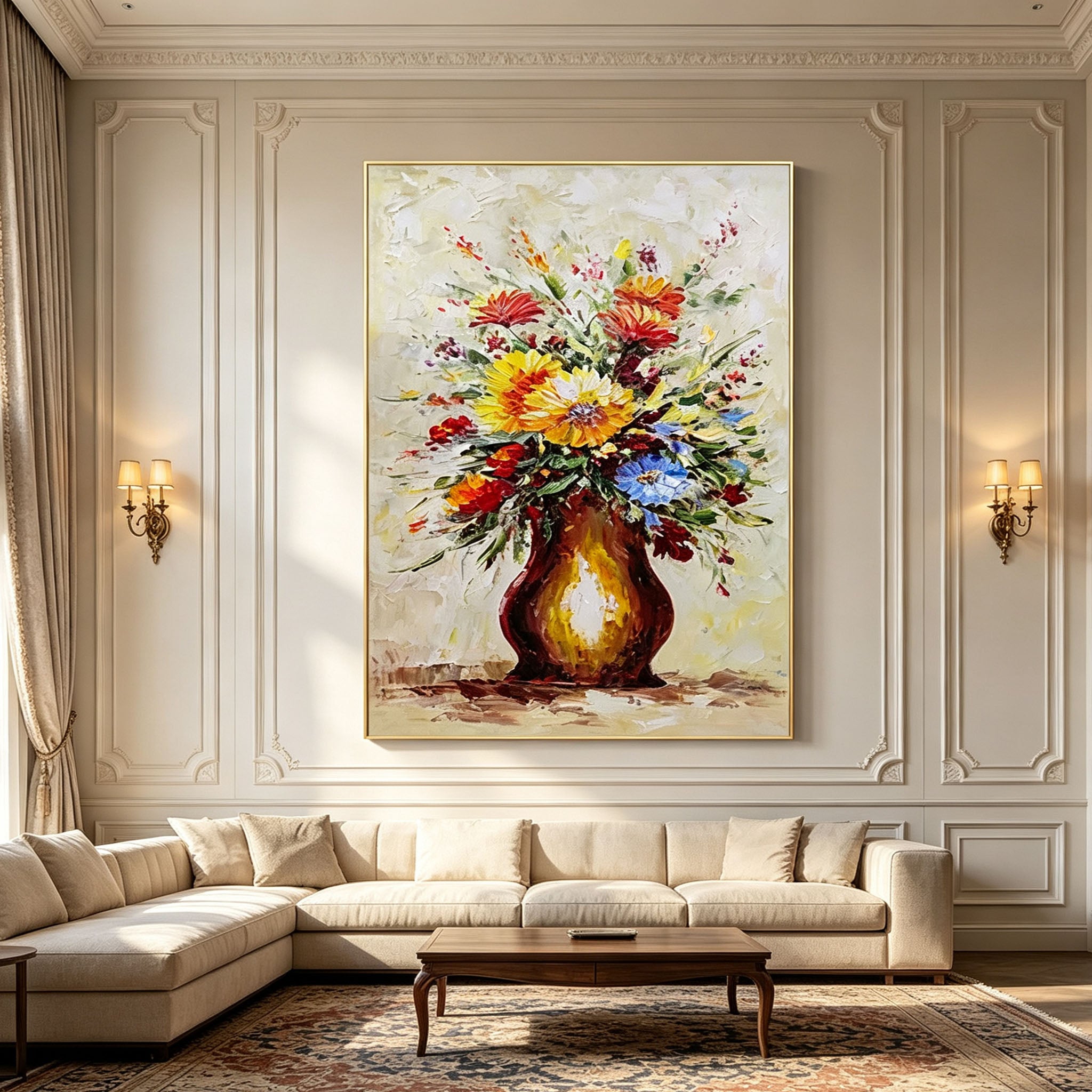 Impasto Vase Wildflower Bouquet Canvas Wall Art, Vintage Textured Floral Oil Painting for Entryway Home Decor