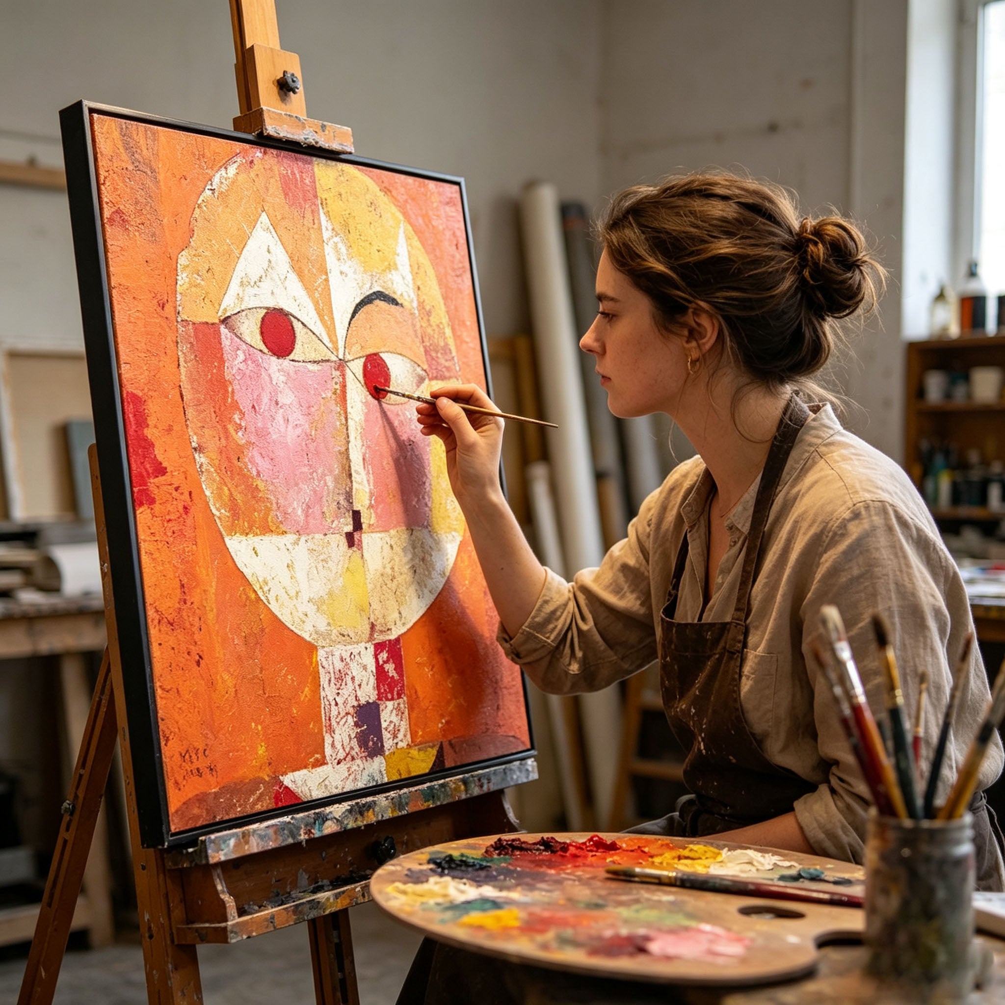 Abstract Geometric Face Oil Painting, Orange Textured Cubist Style Portrait Canvas Wall Art, Modern Living Room Decor