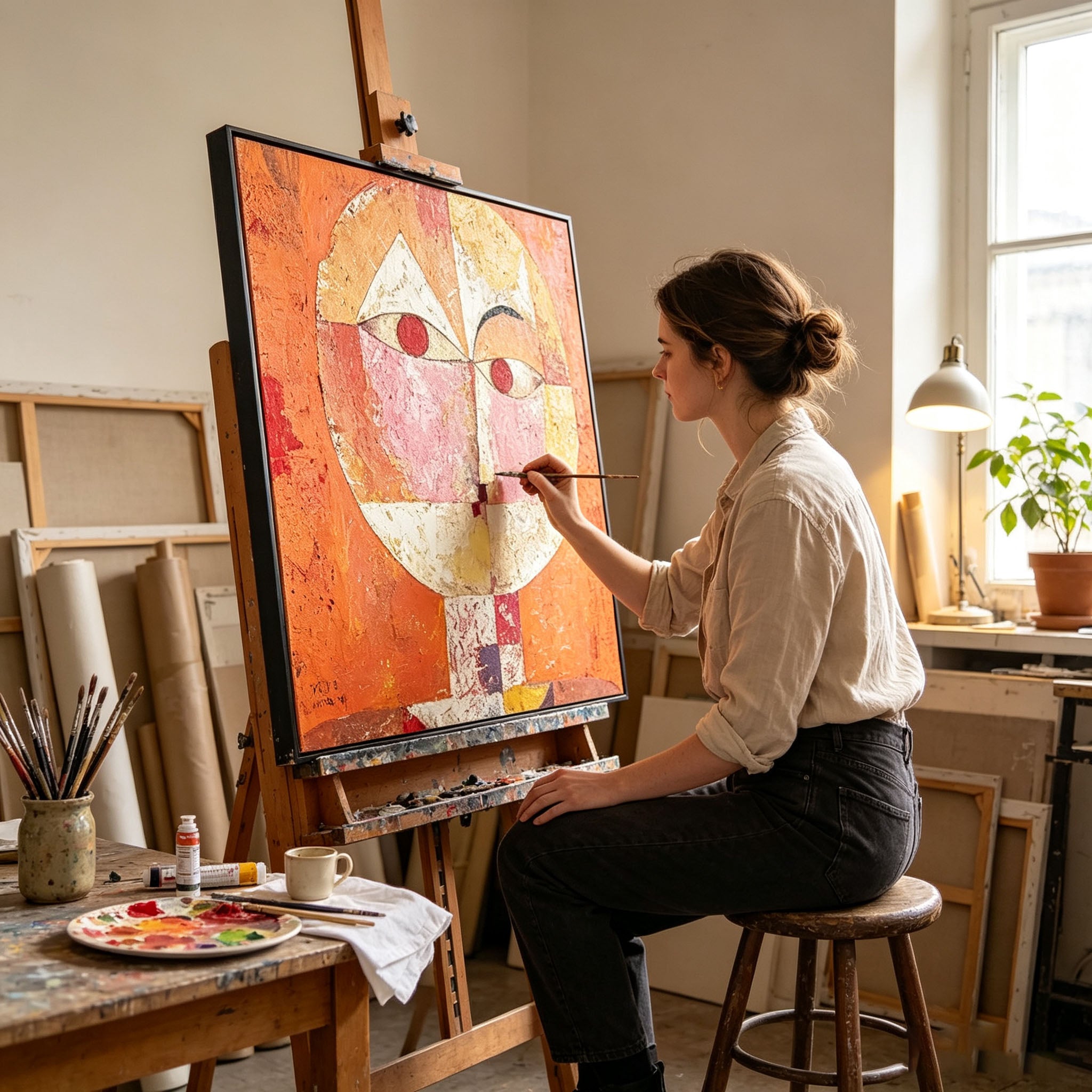 Abstract Geometric Face Oil Painting, Orange Textured Cubist Style Portrait Canvas Wall Art, Modern Living Room Decor