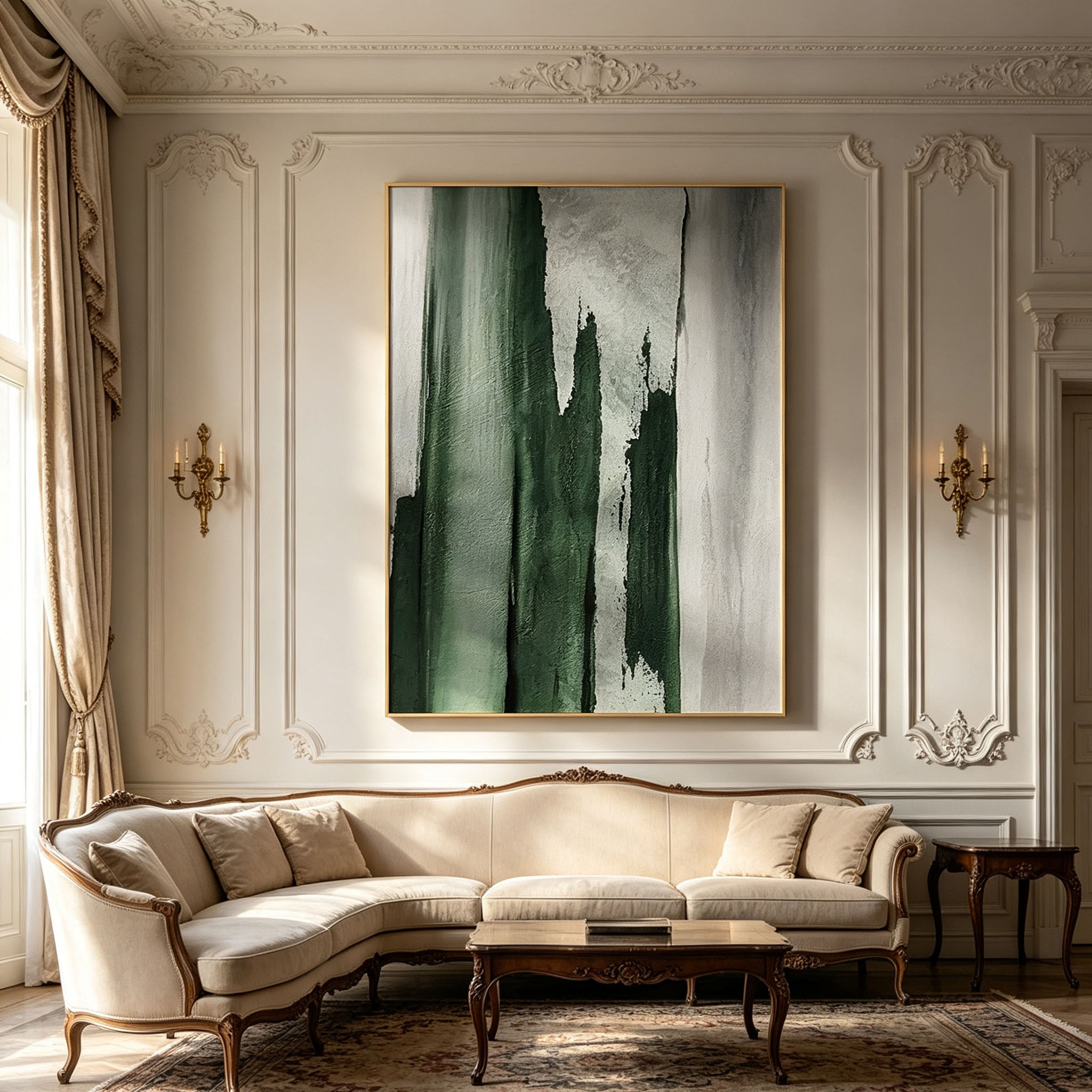 Emerald Green Abstract Textured Canvas Wall Art, Large Dark Green Silver Plaster Painting for Luxury Living Room Decor