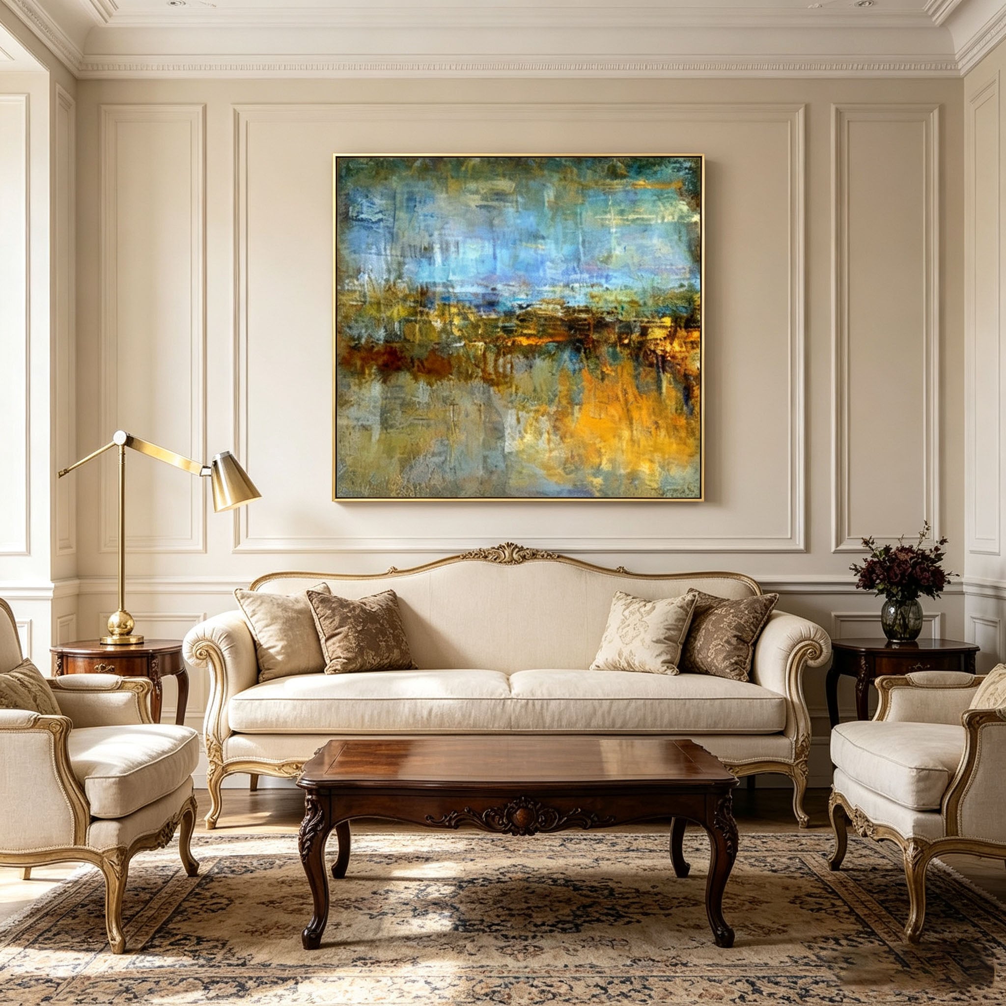 Abstract Lakeside Landscape Oil Painting, Blue Golden Textured Impasto Canvas Wall Art, Transitional Bedroom Decor