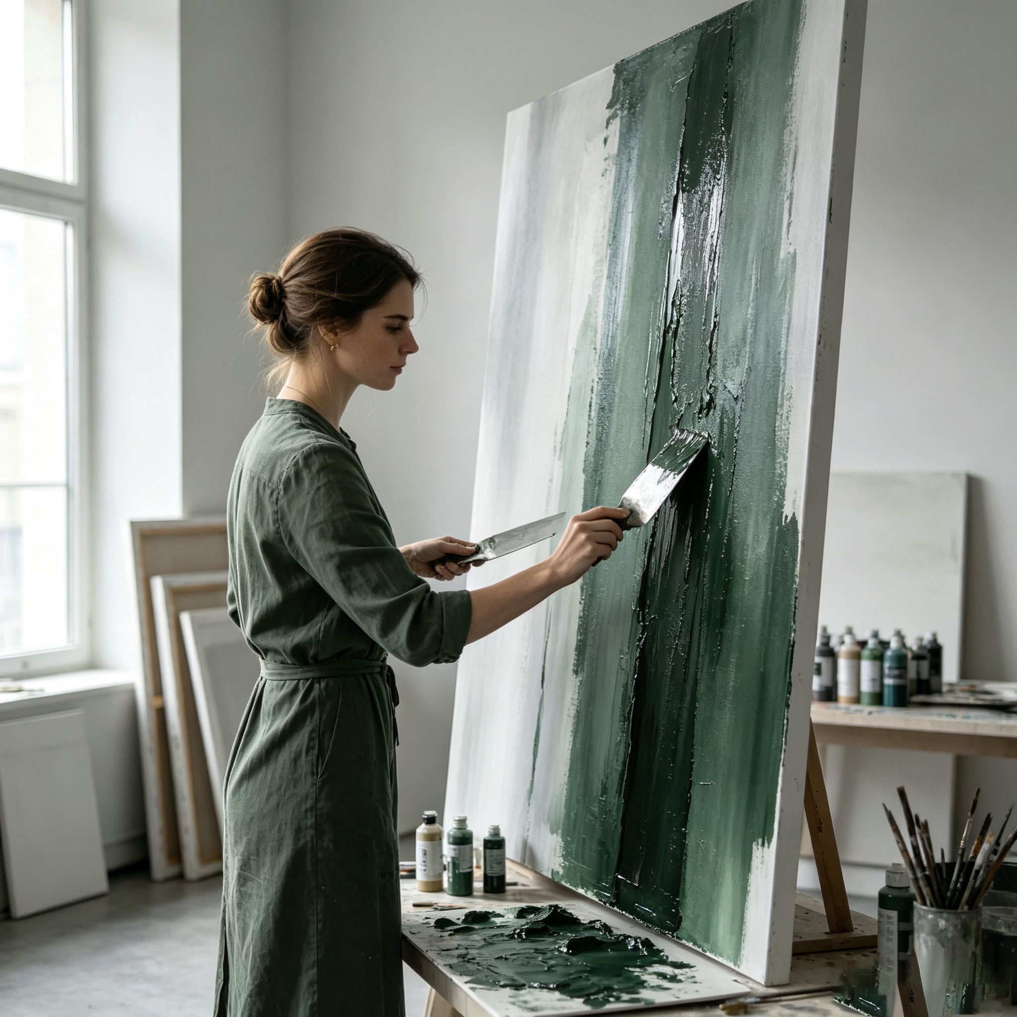 Emerald Green Abstract Textured Canvas Wall Art, Large Dark Green Silver Plaster Painting for Luxury Living Room Decor