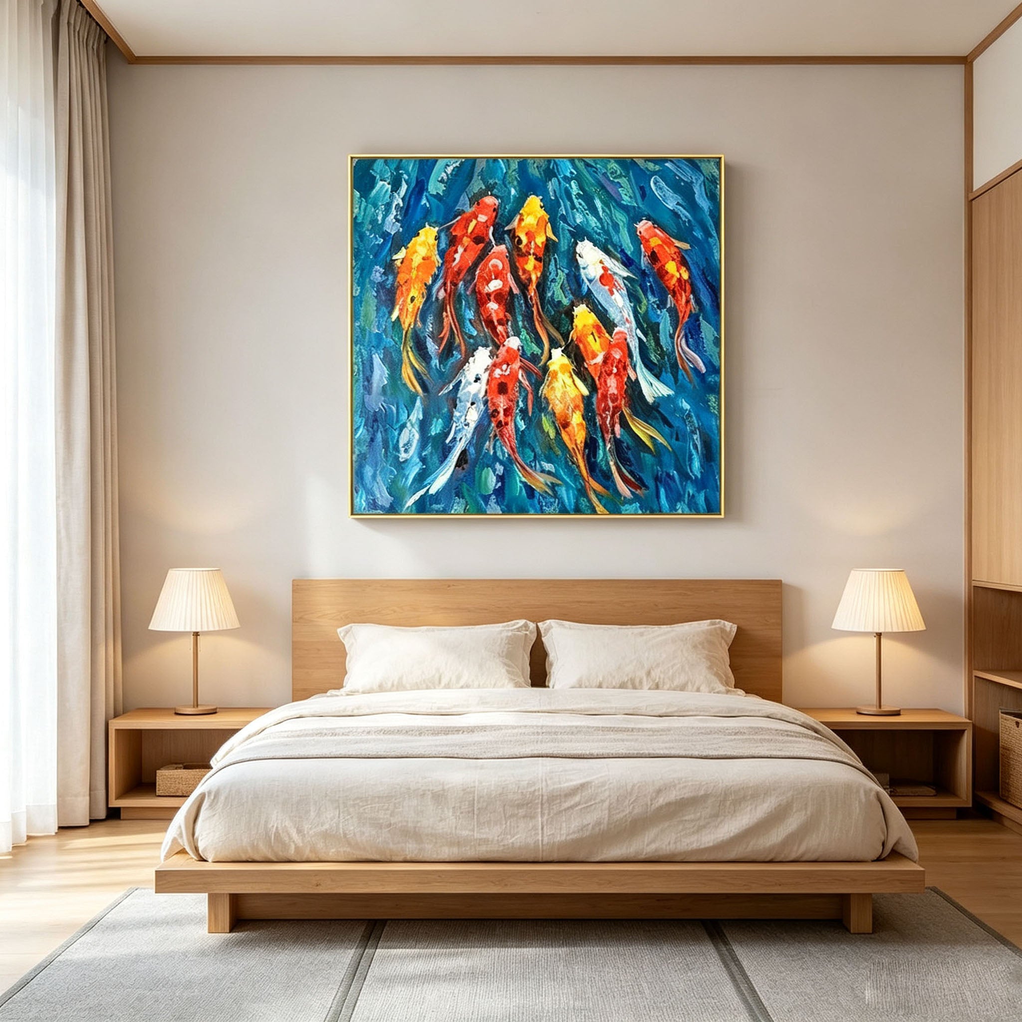 Textured Koi Fish Oil Painting, Blue Water Impasto Animal Canvas Wall Art, Modern Living Room Home Decor