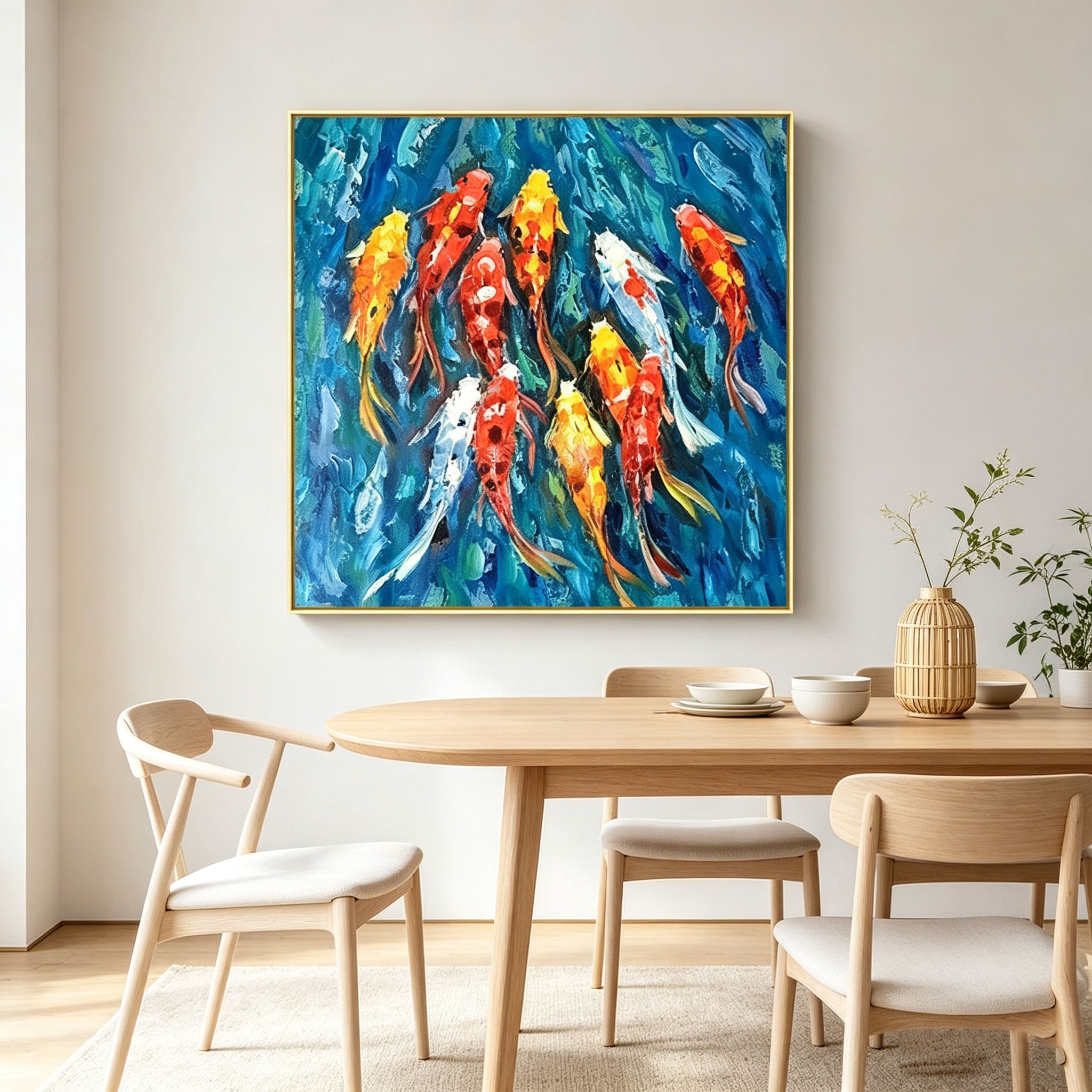 Textured Koi Fish Oil Painting, Blue Water Impasto Animal Canvas Wall Art, Modern Living Room Home Decor
