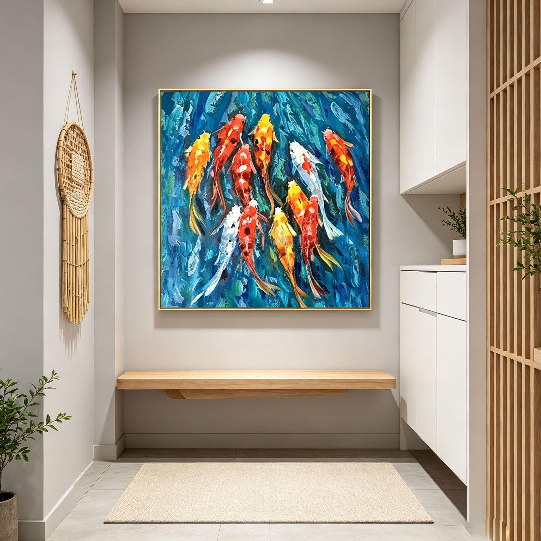 Textured Koi Fish Oil Painting, Blue Water Impasto Animal Canvas Wall Art, Modern Living Room Home Decor