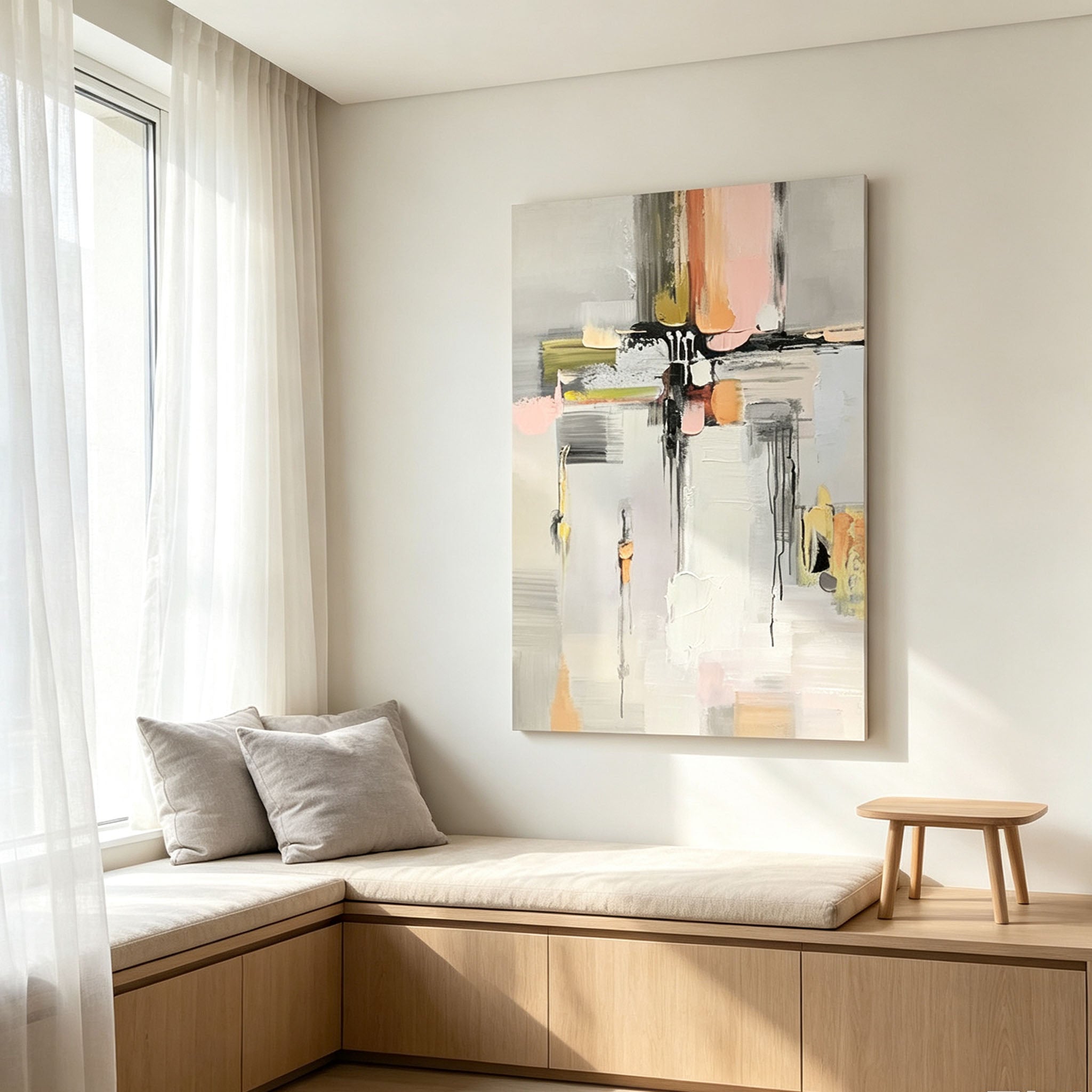 Pastel Multicolor Abstract Impasto Canvas Wall Art, Textured Brush Stroke Painting for Modern Bedroom Living Room Decor