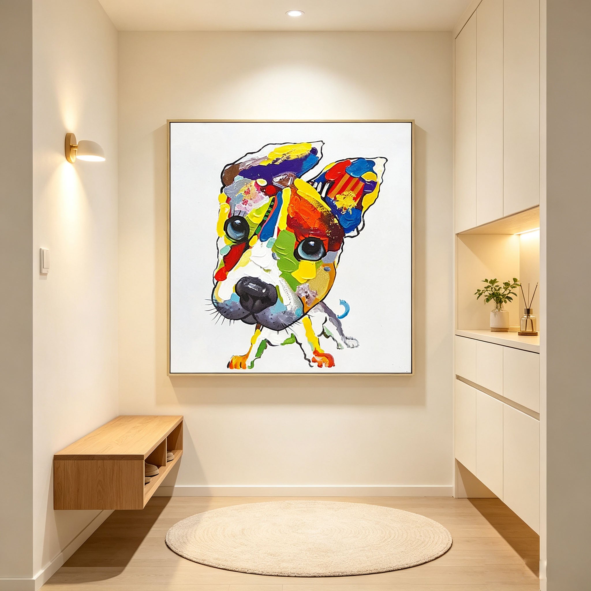 Vibrant Pop Art Dog Portrait Oil Painting, Thick Impasto Textured Puppy Canvas Wall Art, Modern Home Office Kids Room Decor