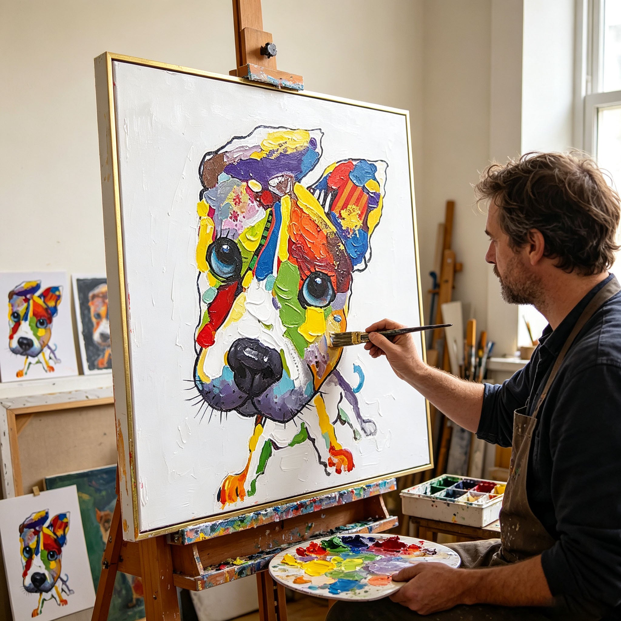 Vibrant Pop Art Dog Portrait Oil Painting, Thick Impasto Textured Puppy Canvas Wall Art, Modern Home Office Kids Room Decor