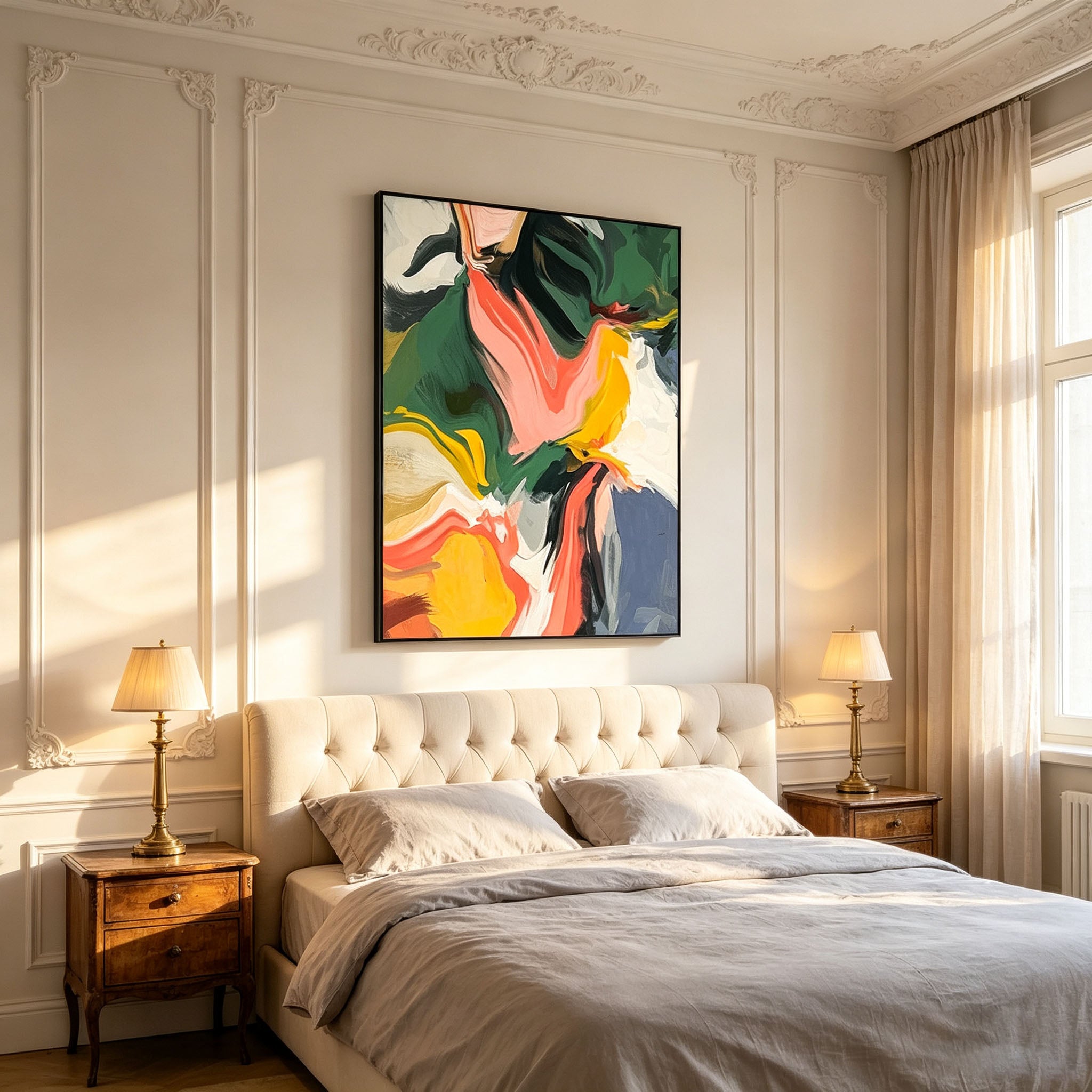Vibrant Multicolor Flowing Brushstroke Abstract Canvas Wall Art, Bold Impasto Textured Painting for French Vintage Bedroom Decor