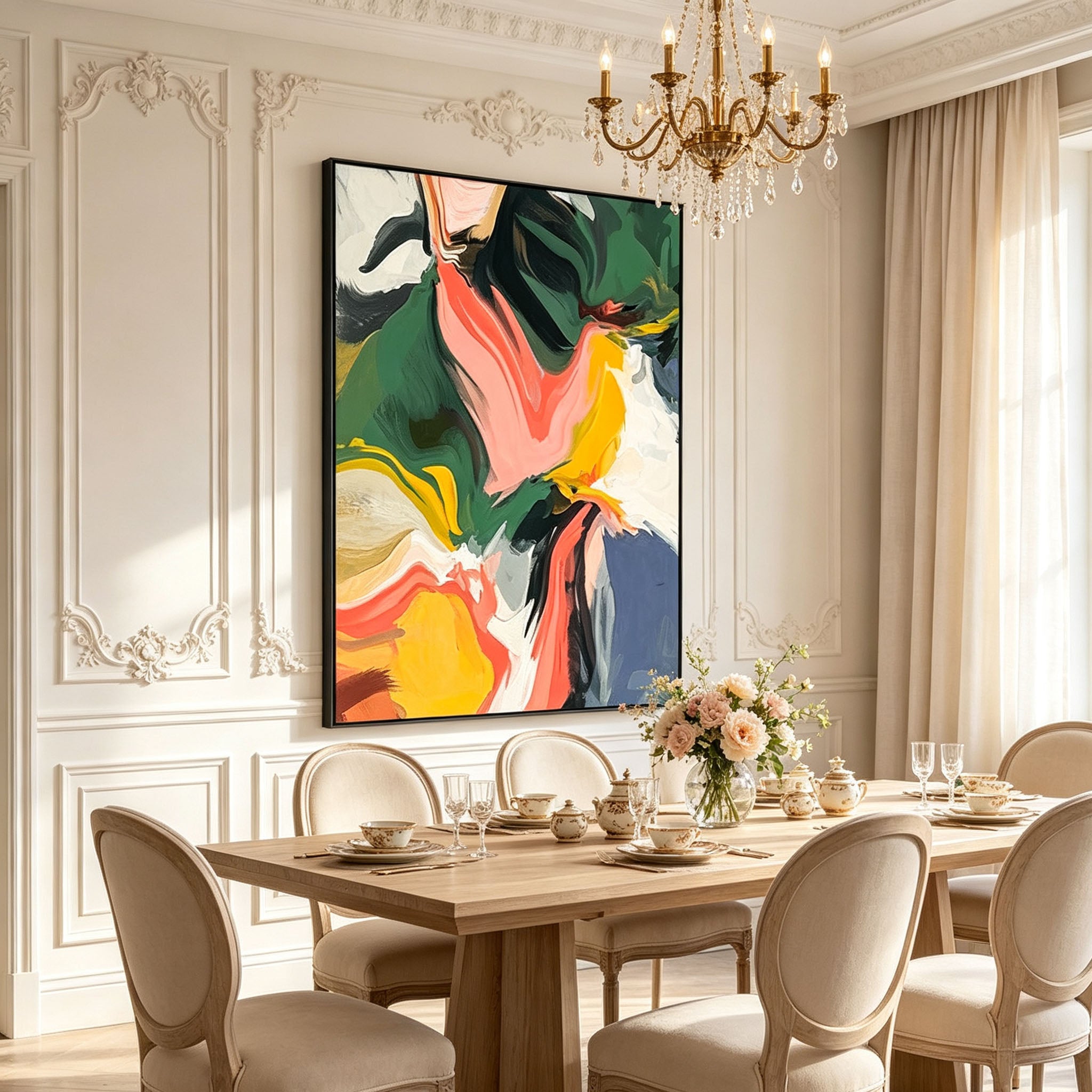 Vibrant Multicolor Flowing Brushstroke Abstract Canvas Wall Art, Bold Impasto Textured Painting for French Vintage Bedroom Decor