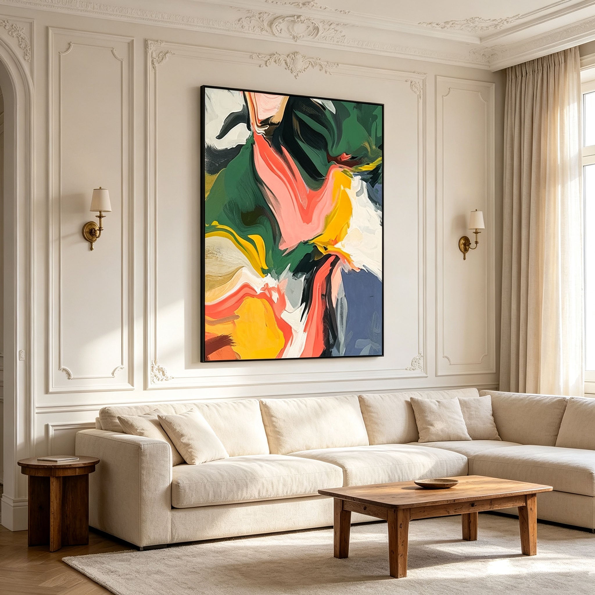 Vibrant Multicolor Flowing Brushstroke Abstract Canvas Wall Art, Bold Impasto Textured Painting for French Vintage Bedroom Decor