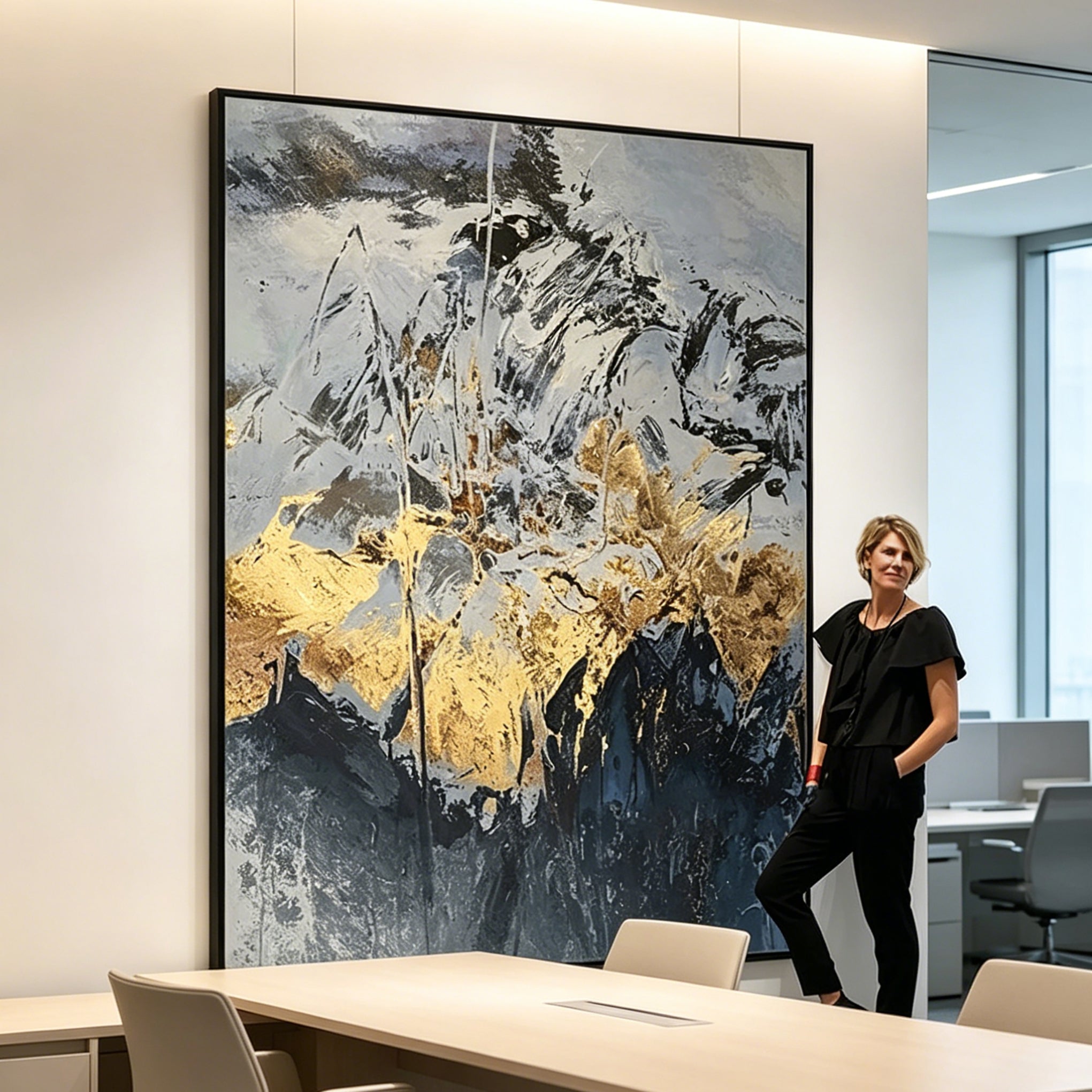 Stretched Hand-Painted Abstract "Golden Ethereal" Oil Painting – Textured Metallic Statement Canvas for Modern Luxury