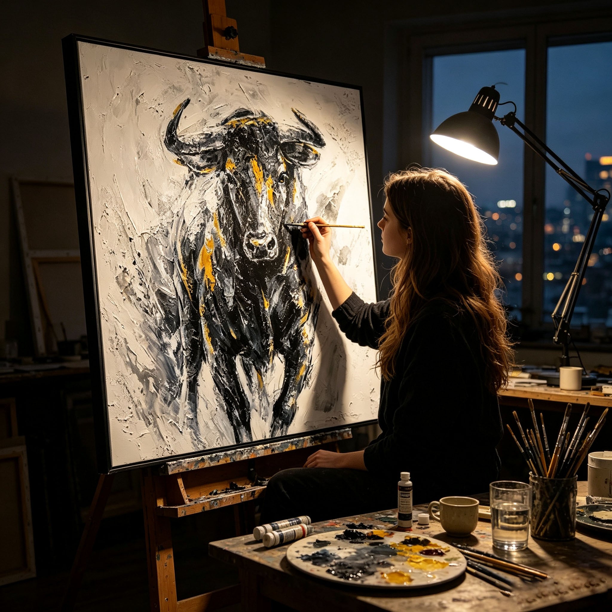 Abstract Bull Portrait Oil Painting, Black White Gold Thick Impasto Textured Canvas Wall Art, Modern Home Office Decor