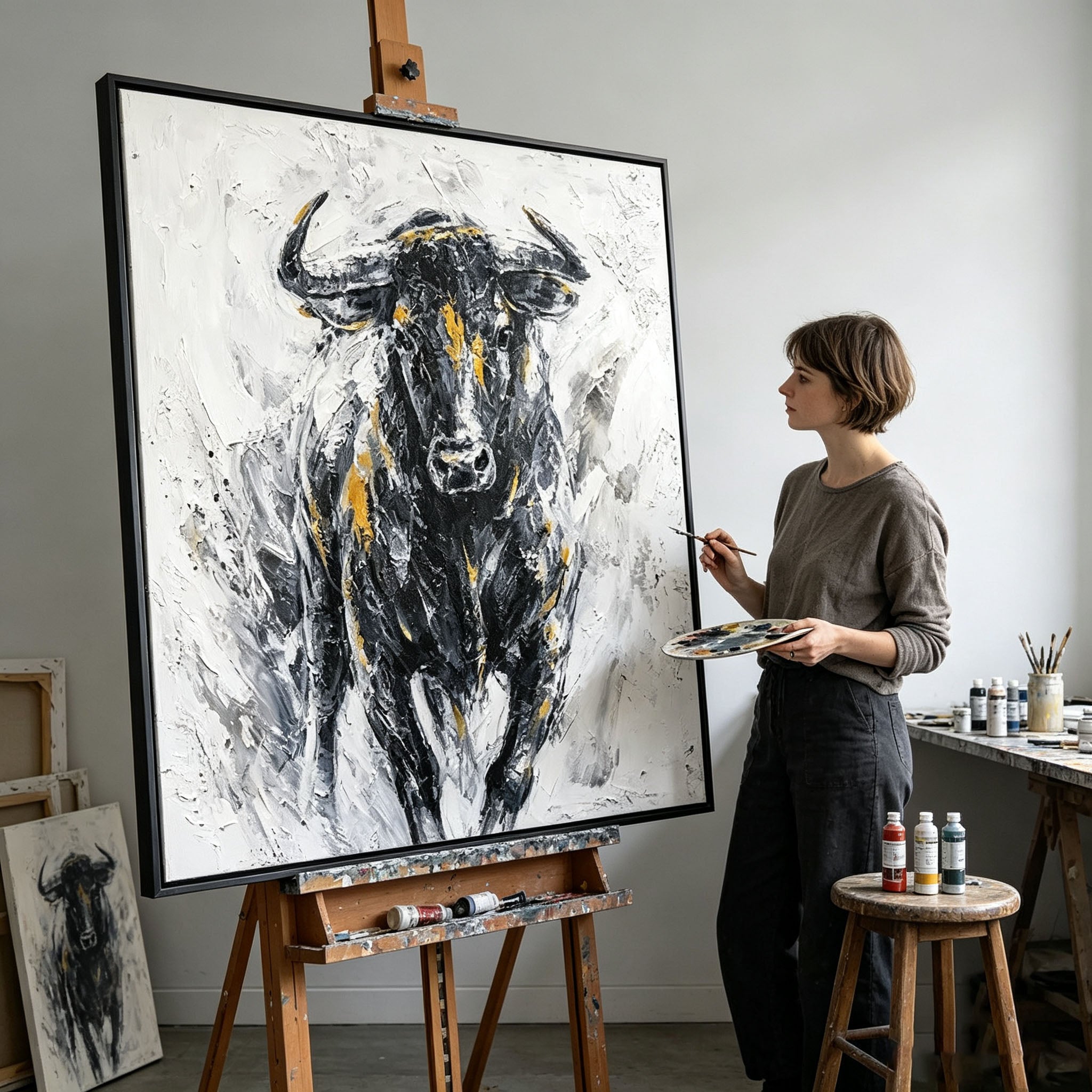 Abstract Bull Portrait Oil Painting, Black White Gold Thick Impasto Textured Canvas Wall Art, Modern Home Office Decor