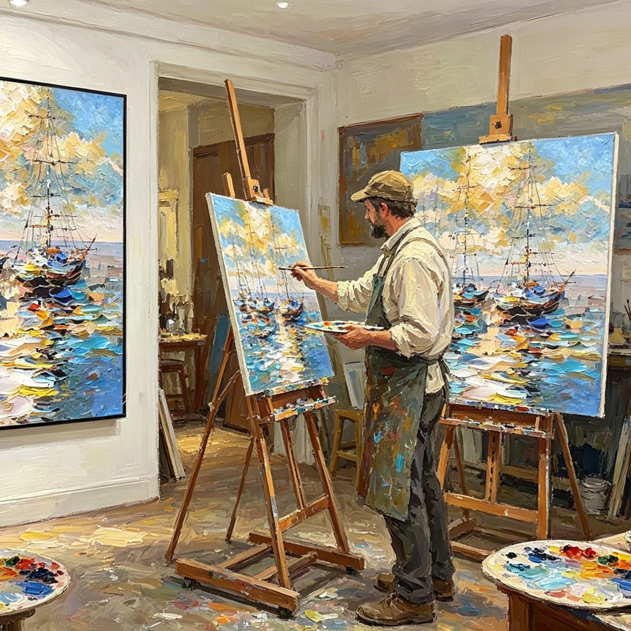 Stretched Hand-Painted "Harbor Moonlight" Oil Painting – Textured Nautical Statement Canvas for Coastal Elegance