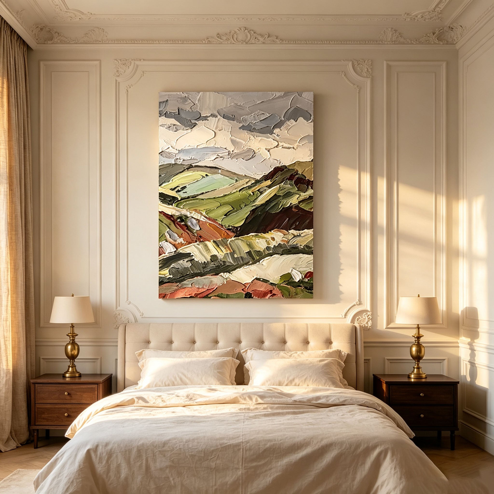 Abstract Landscape Wall Art, Green Olive Terracotta Impasto Oil Painting, Large Textured Countryside Canvas Art, Modern Living Room Wall Decor