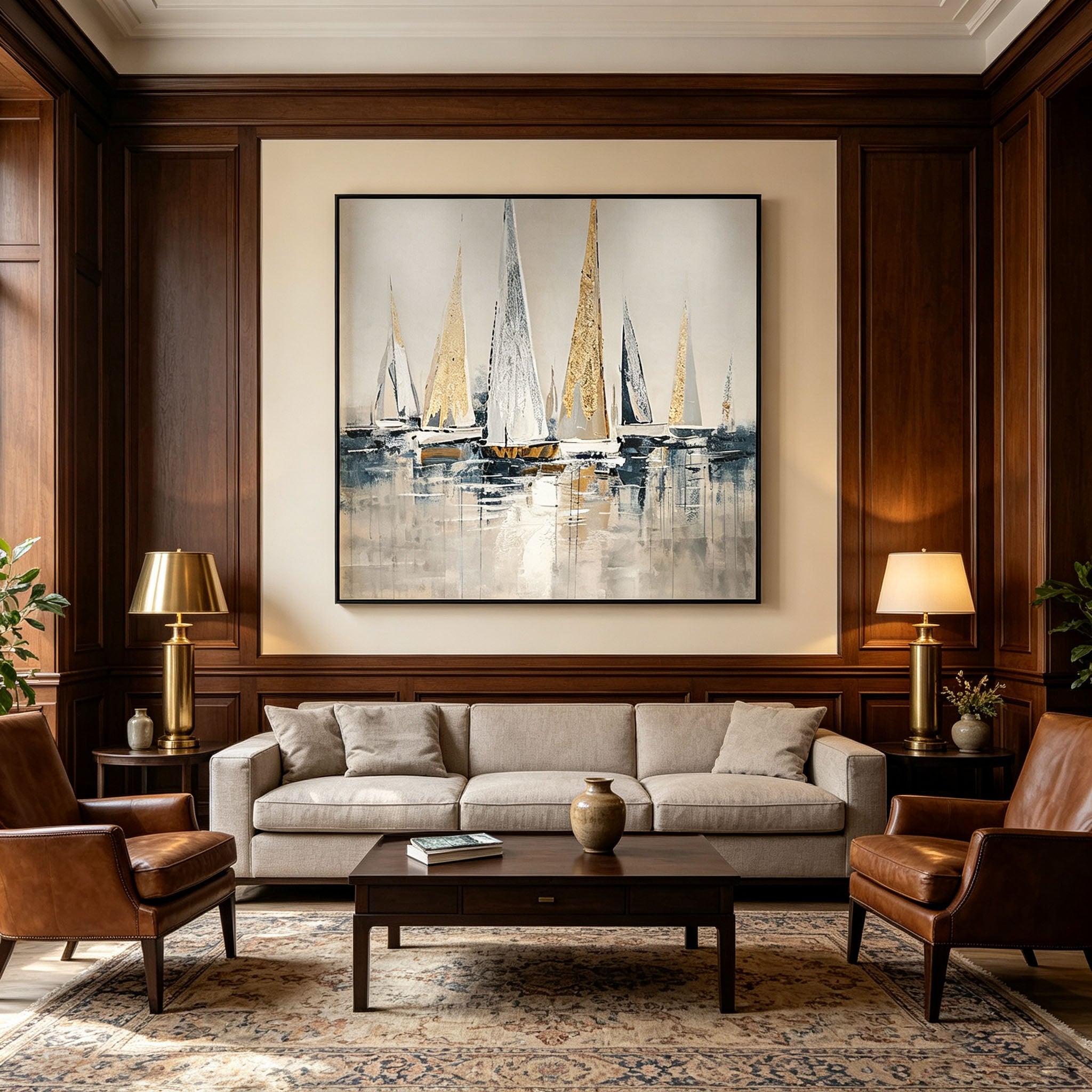 Abstract Sailboat Harbor Oil Painting, Gold Foil Thick Impasto Textured Seascape Canvas Wall Art, Modern Living Room Office Decor