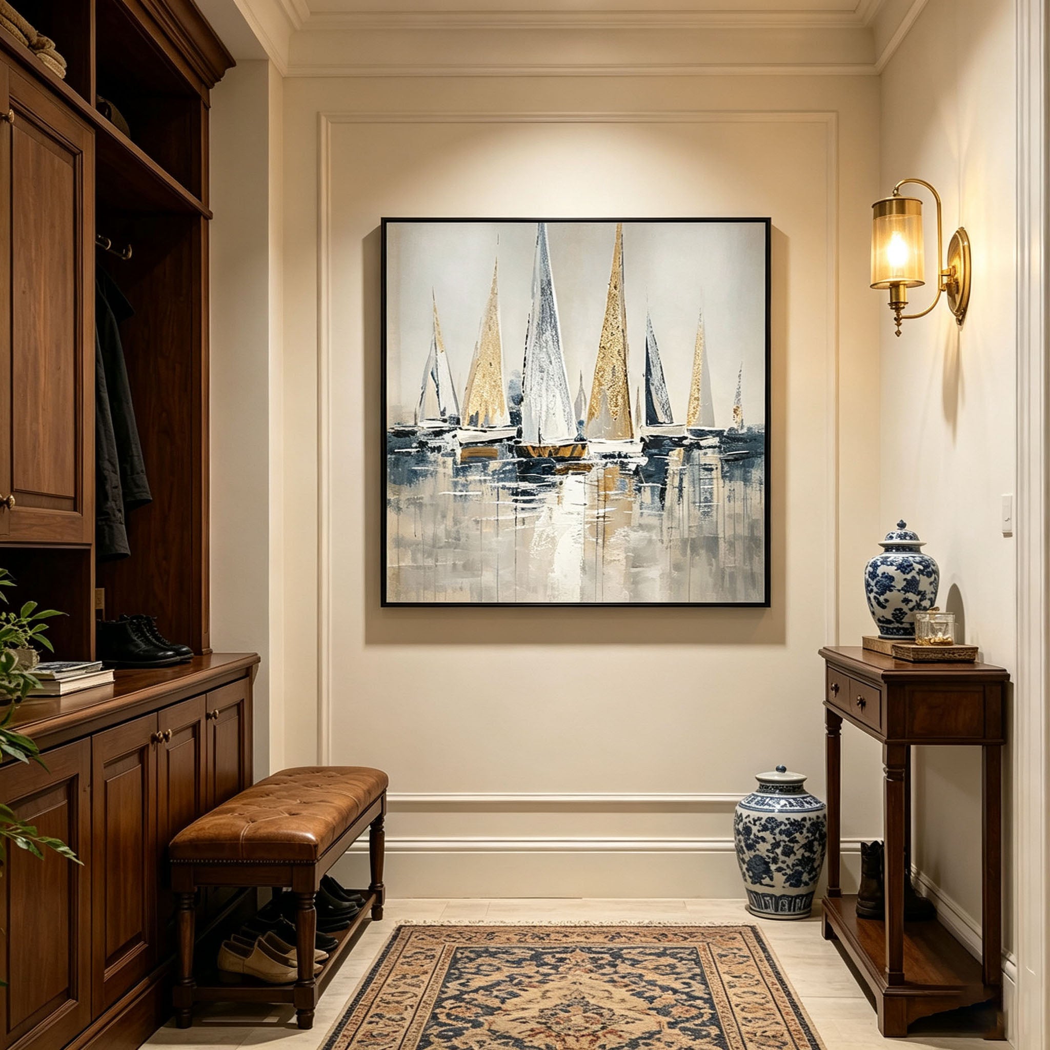Abstract Sailboat Harbor Oil Painting, Gold Foil Thick Impasto Textured Seascape Canvas Wall Art, Modern Living Room Office Decor