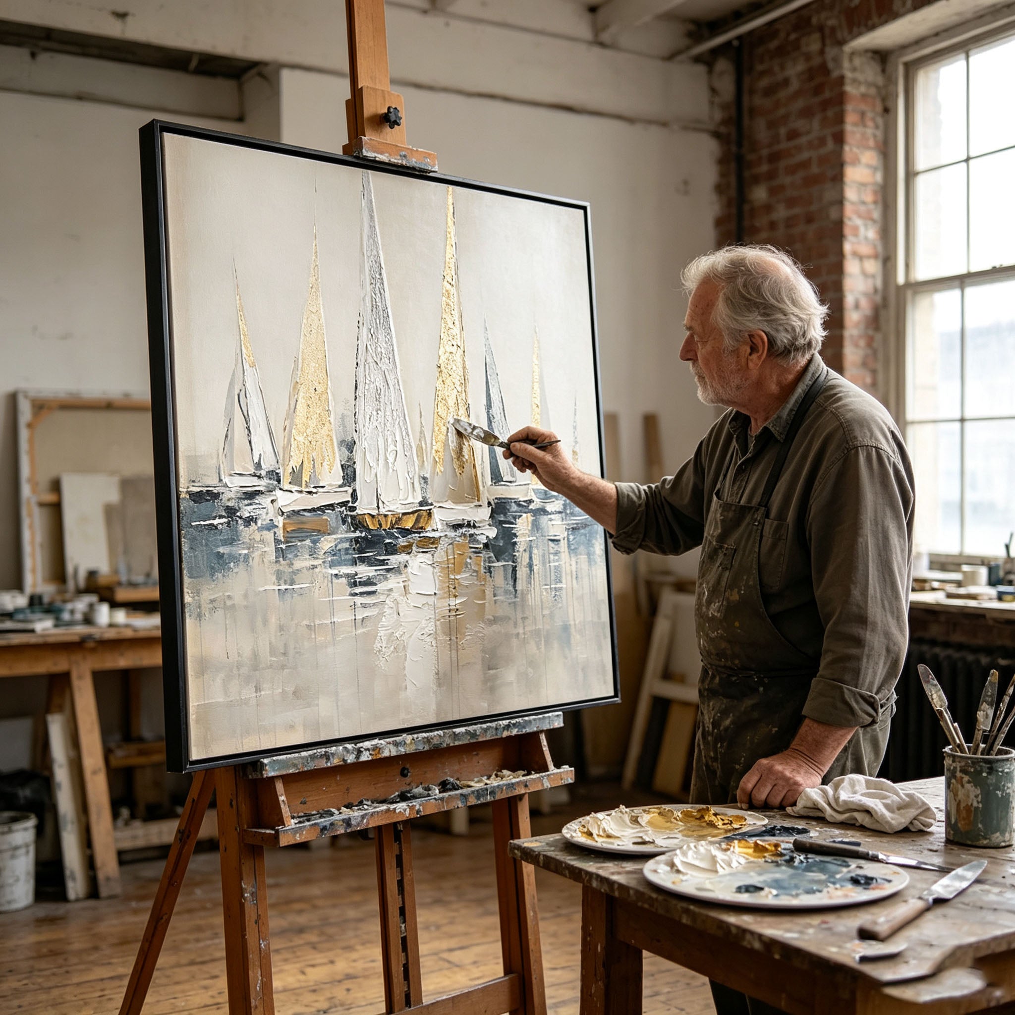Abstract Sailboat Harbor Oil Painting, Gold Foil Thick Impasto Textured Seascape Canvas Wall Art, Modern Living Room Office Decor