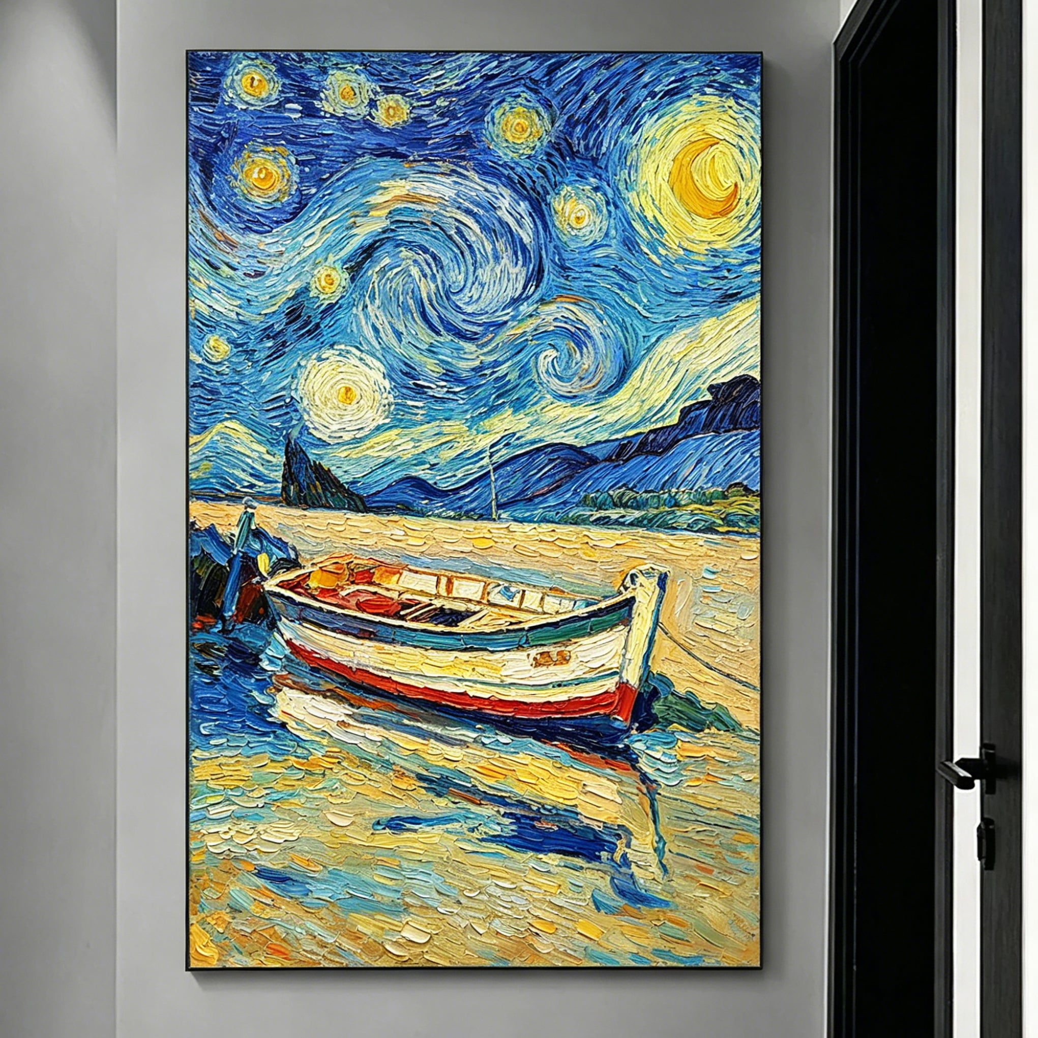 Stretched Hand-Painted "Starry Night Harbor" Oil Painting – Van Gogh-Inspired Impressionist Statement Canvas