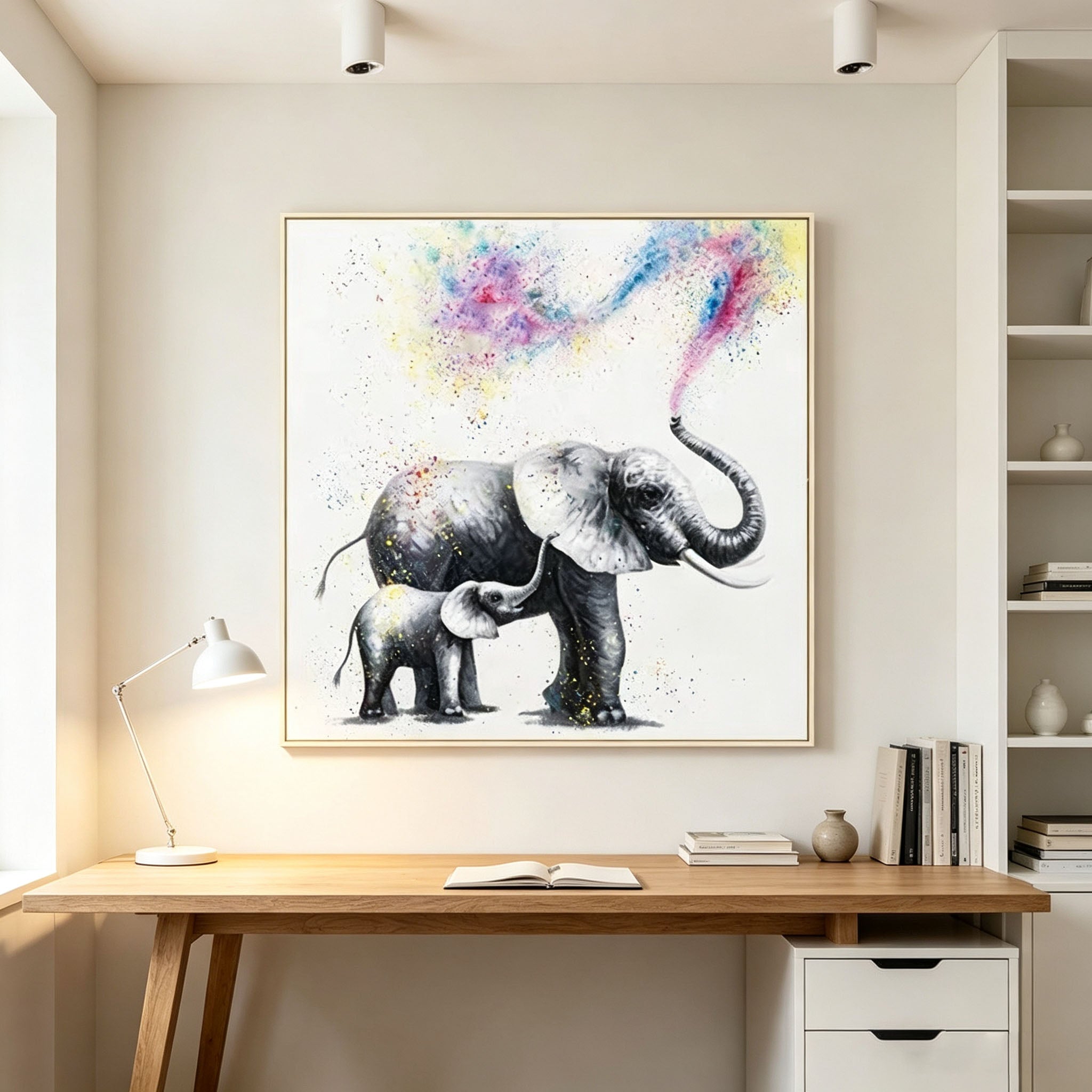 Mother and Baby Elephant Oil Painting, Colorful Splash Animal Canvas Wall Art, Modern Family Wildlife Decor