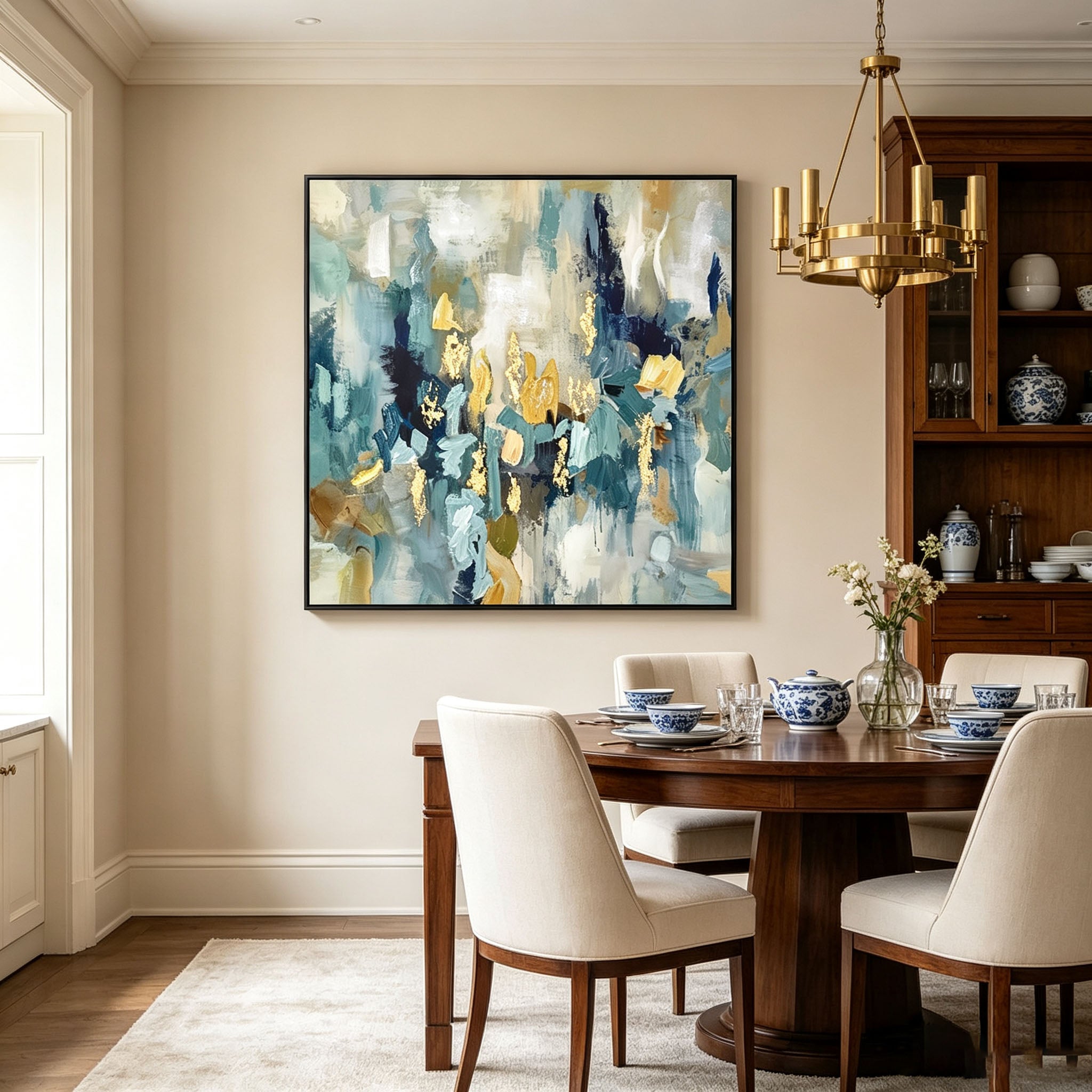 Teal Blue Gold Abstract Oil Painting, Thick Impasto Textured Canvas Wall Art, Modern Dining Room Living Room Decor