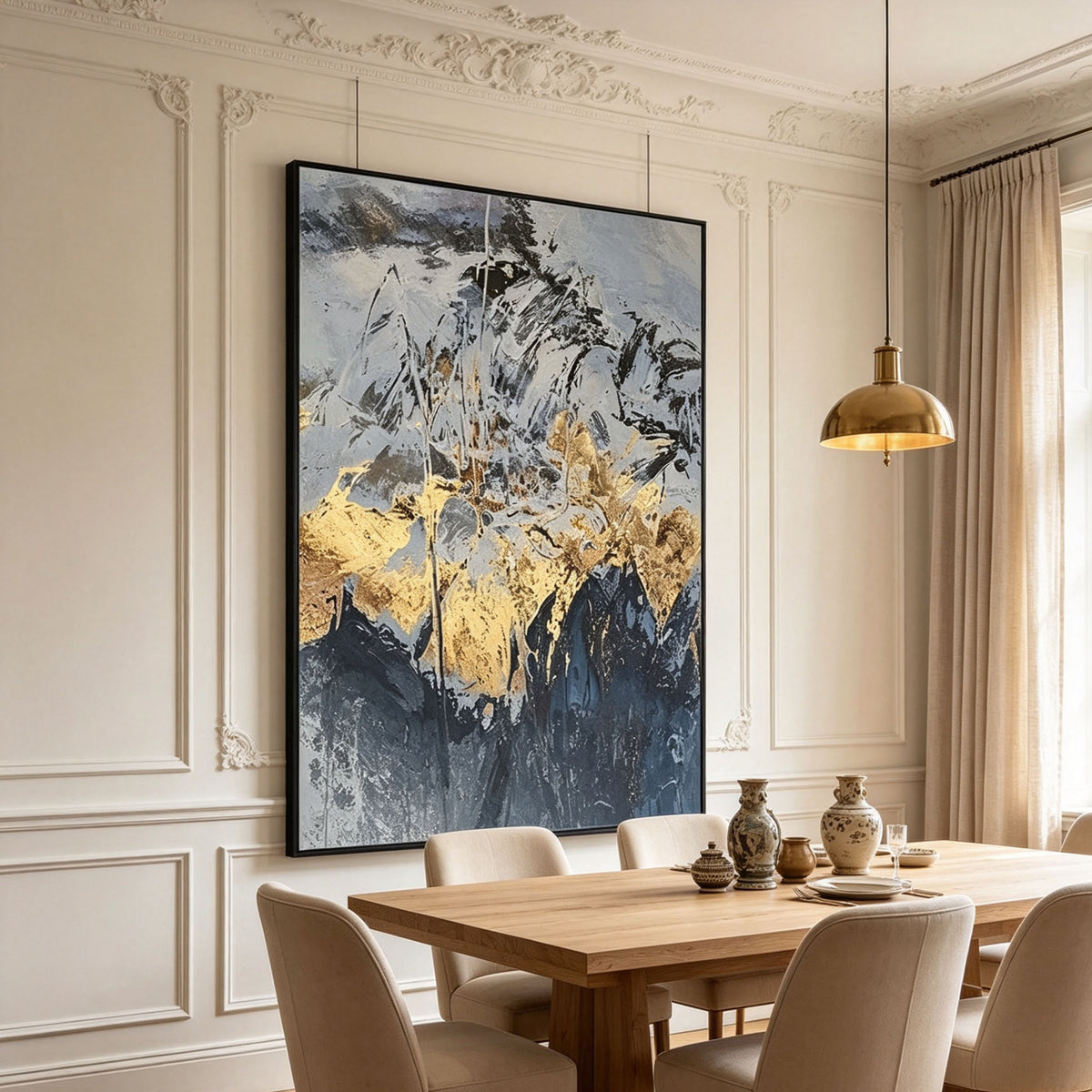 Navy Blue and Gold Abstract Wall Art, Gold Leaf Mountain Landscape Painting, Large Textured Canvas Art, Luxury Modern Bedroom Living Room Decor