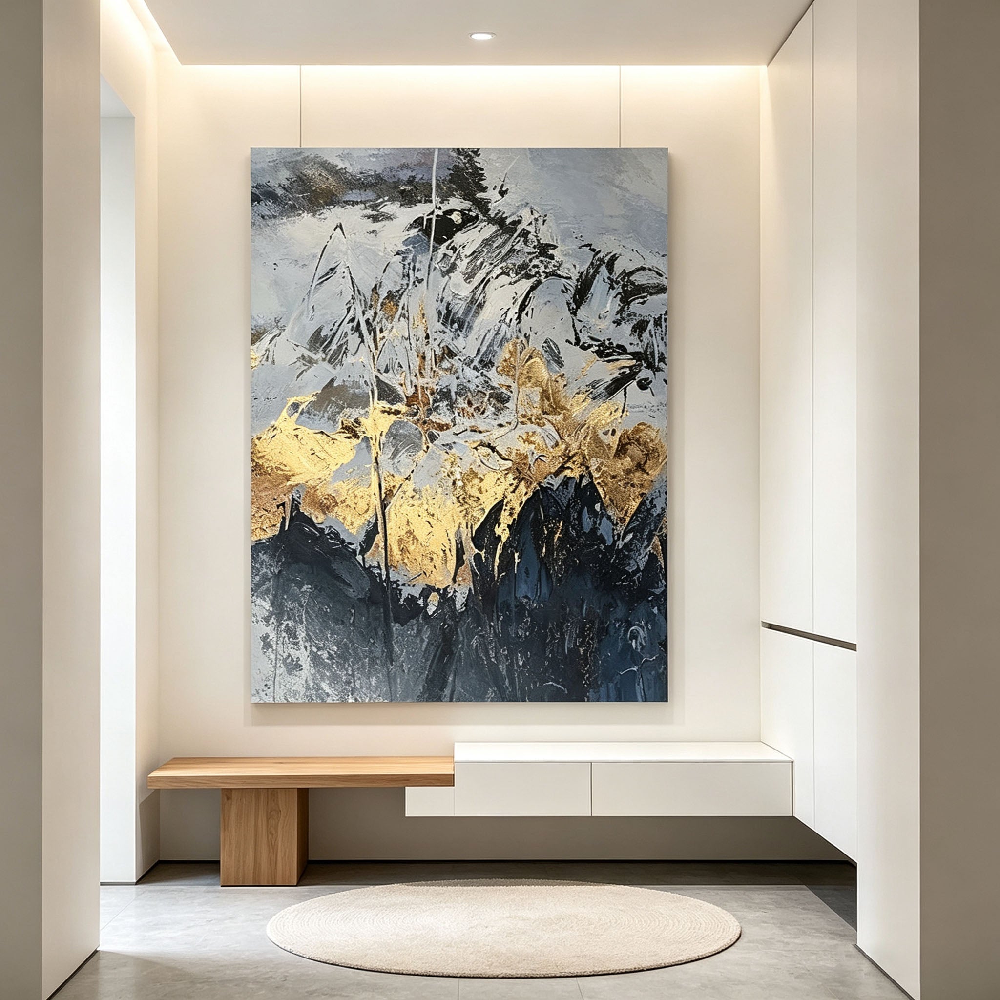Navy Blue and Gold Abstract Wall Art, Gold Leaf Mountain Landscape Painting, Large Textured Canvas Art, Luxury Modern Bedroom Living Room Decor