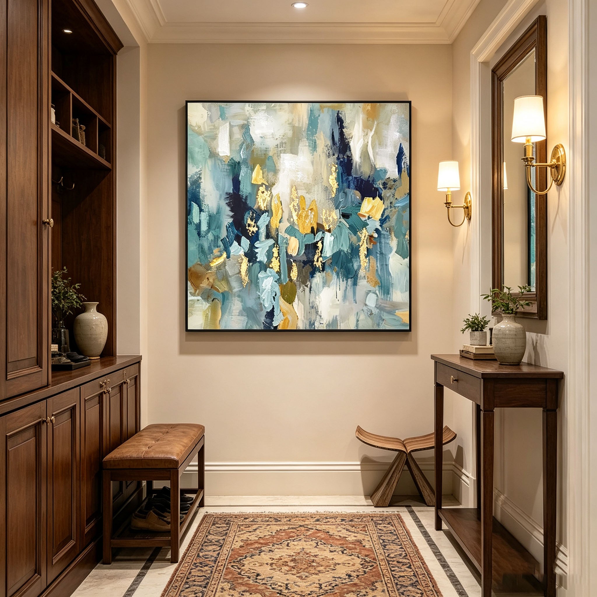 Teal Blue Gold Abstract Oil Painting, Thick Impasto Textured Canvas Wall Art, Modern Dining Room Living Room Decor