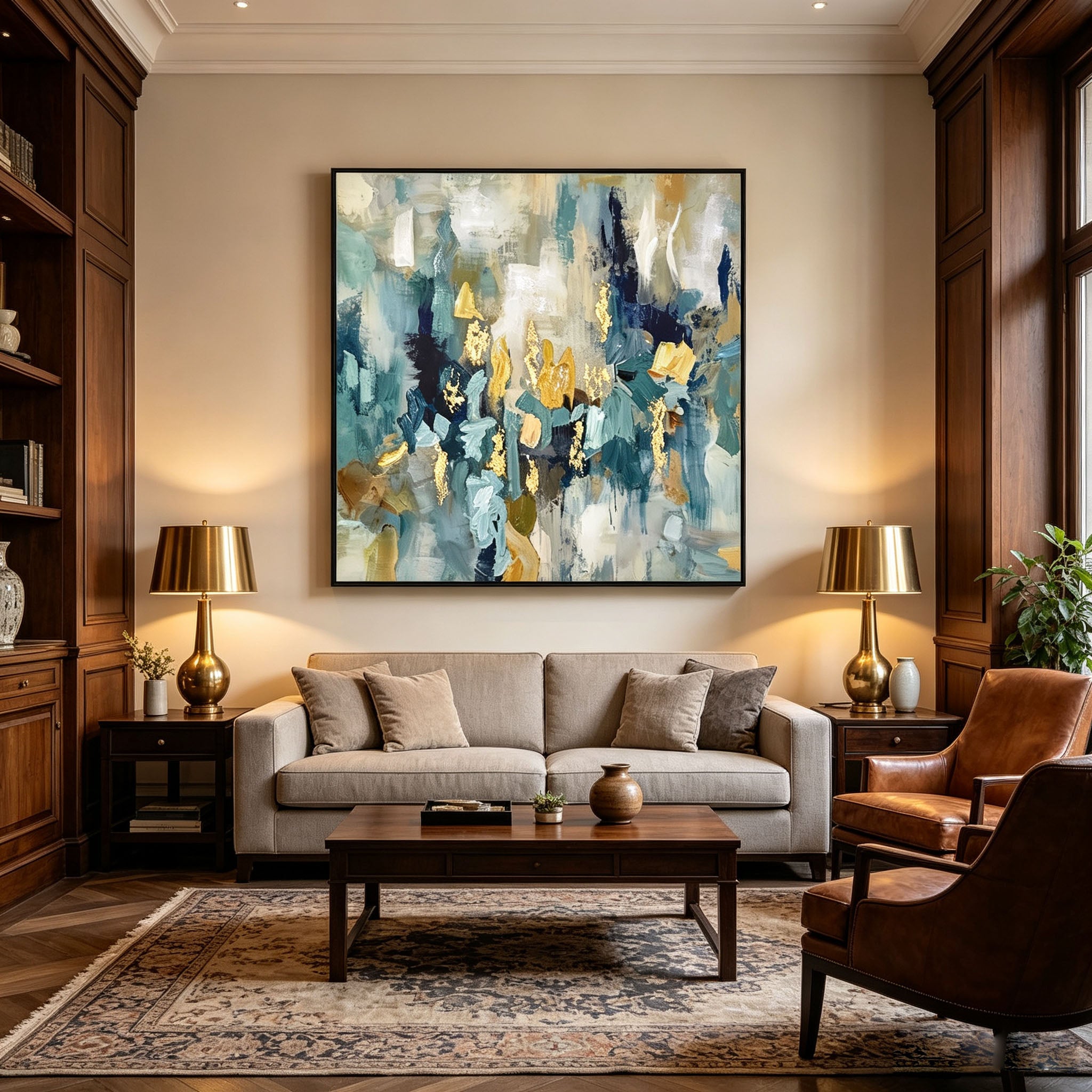 Teal Blue Gold Abstract Oil Painting, Thick Impasto Textured Canvas Wall Art, Modern Dining Room Living Room Decor