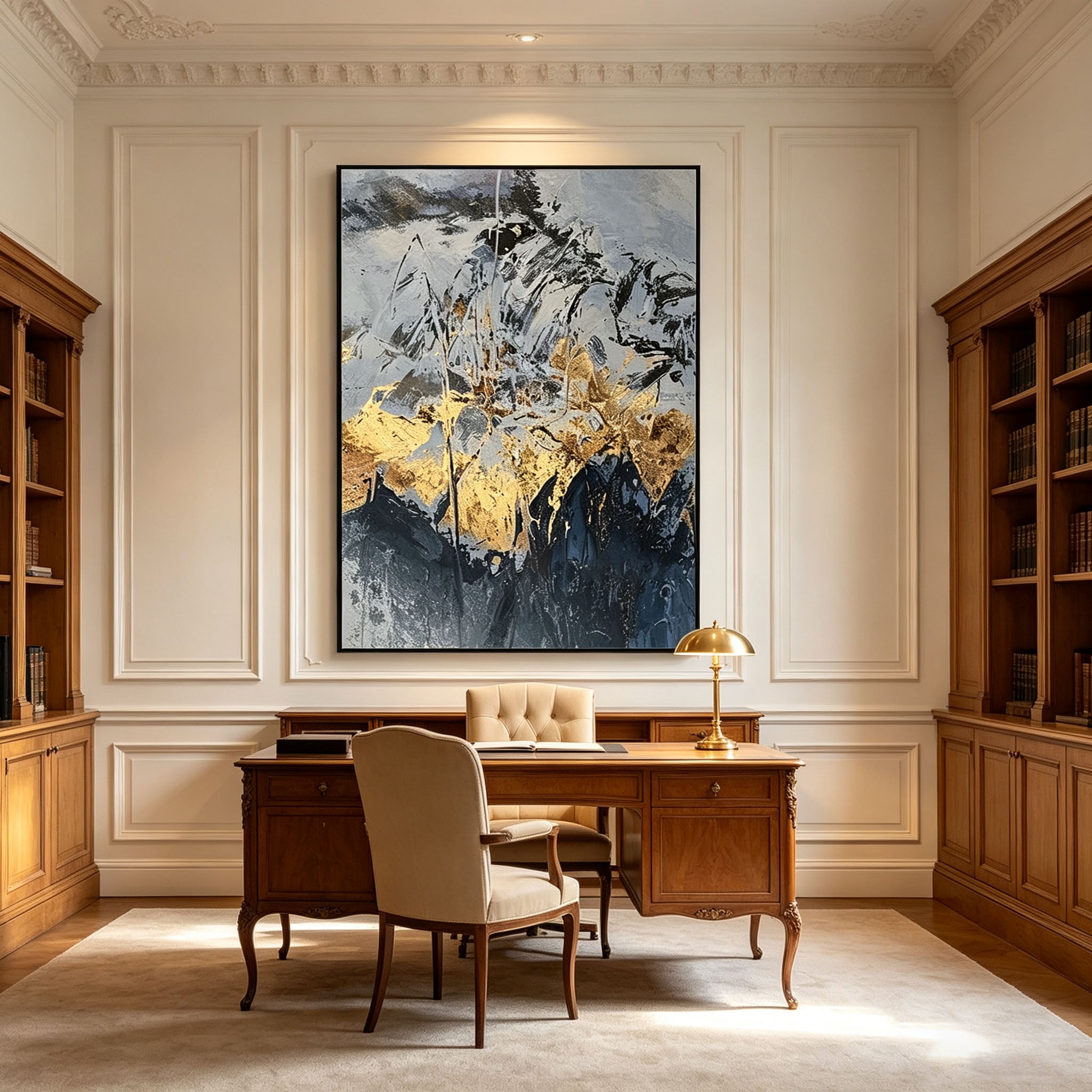 Navy Blue and Gold Abstract Wall Art, Gold Leaf Mountain Landscape Painting, Large Textured Canvas Art, Luxury Modern Bedroom Living Room Decor