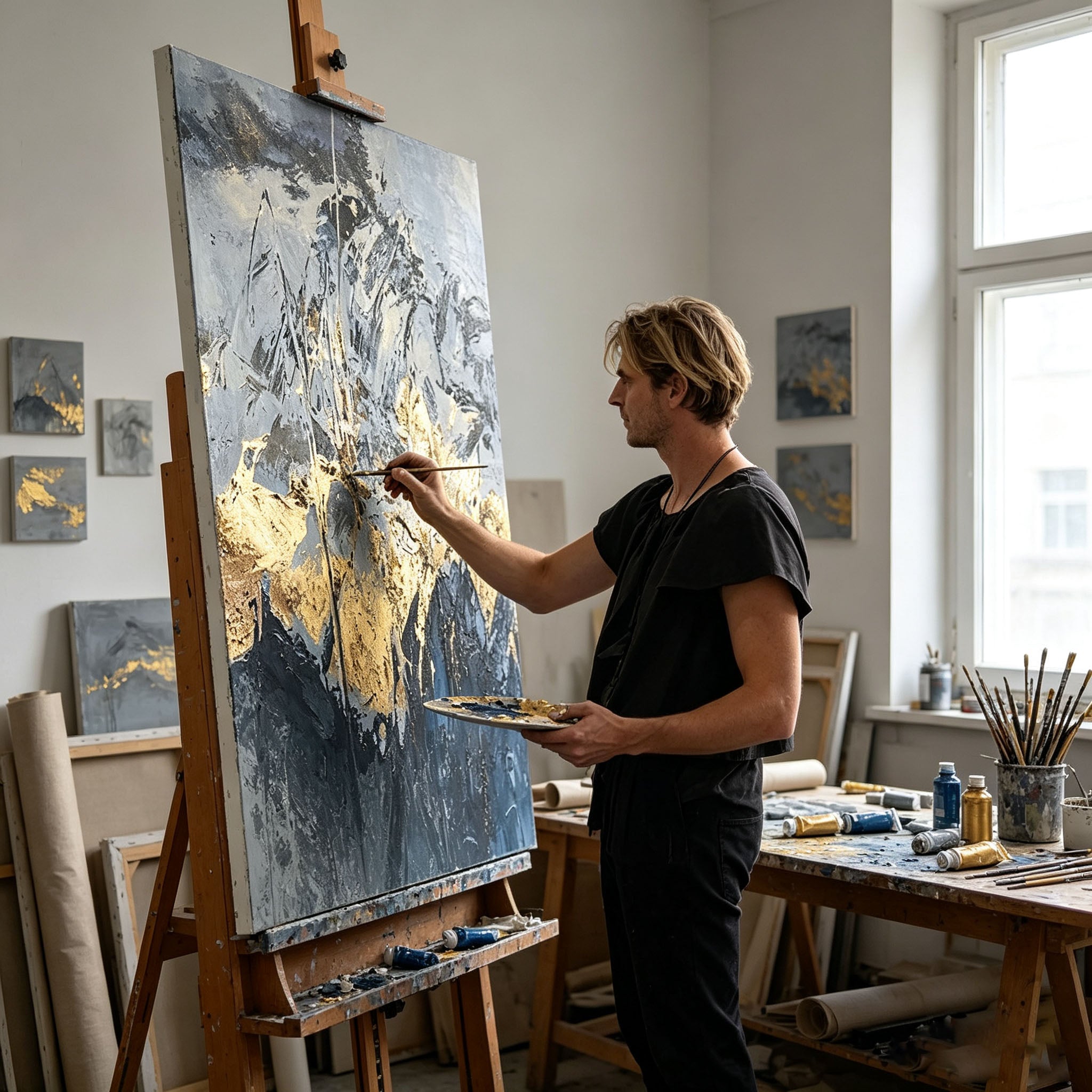 Navy Blue and Gold Abstract Wall Art, Gold Leaf Mountain Landscape Painting, Large Textured Canvas Art, Luxury Modern Bedroom Living Room Decor