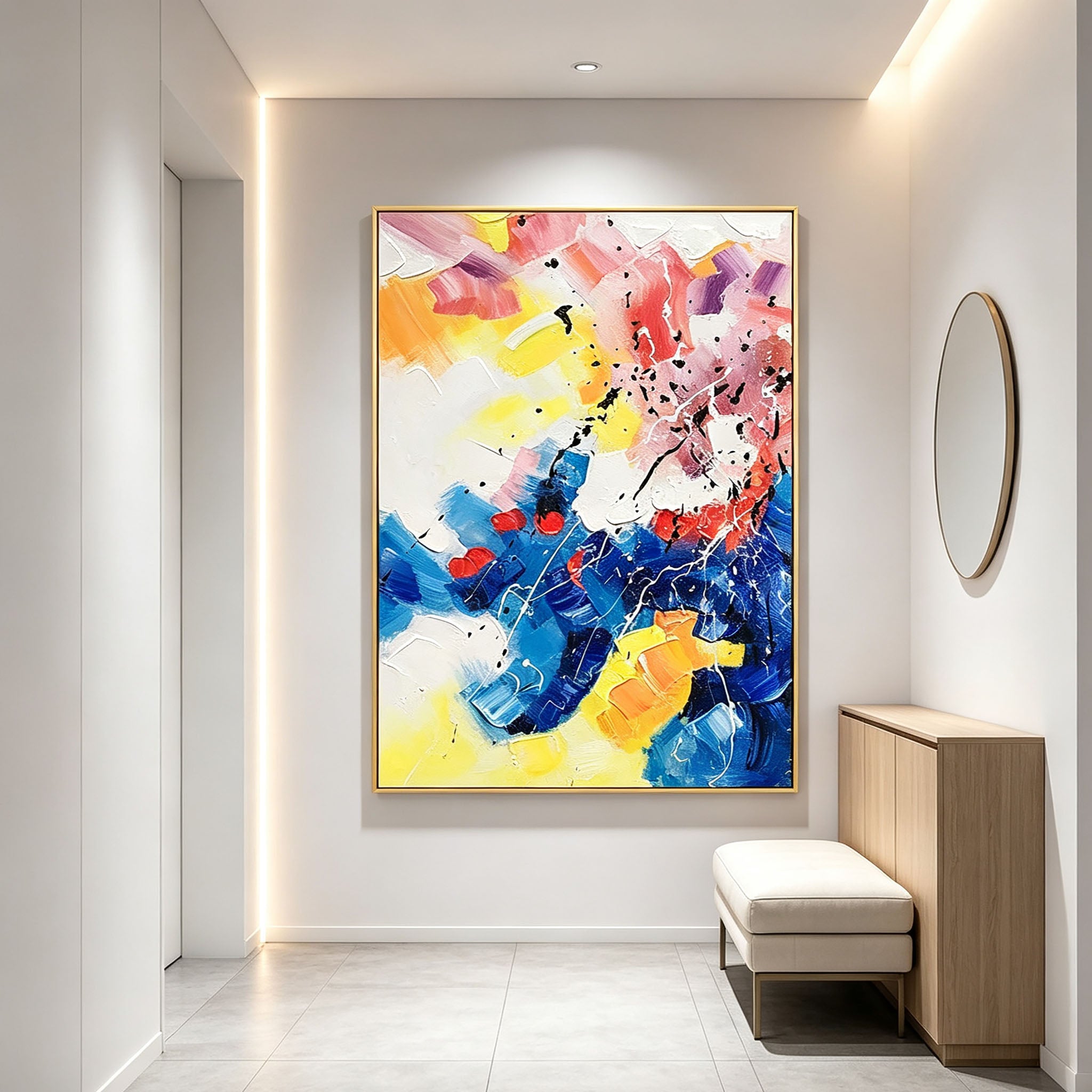Colorful Abstract Wall Art, Vibrant Blue Pink Yellow Impasto Oil Painting, Large Textured Splatter Canvas Art, Modern Living Room Entryway Decor