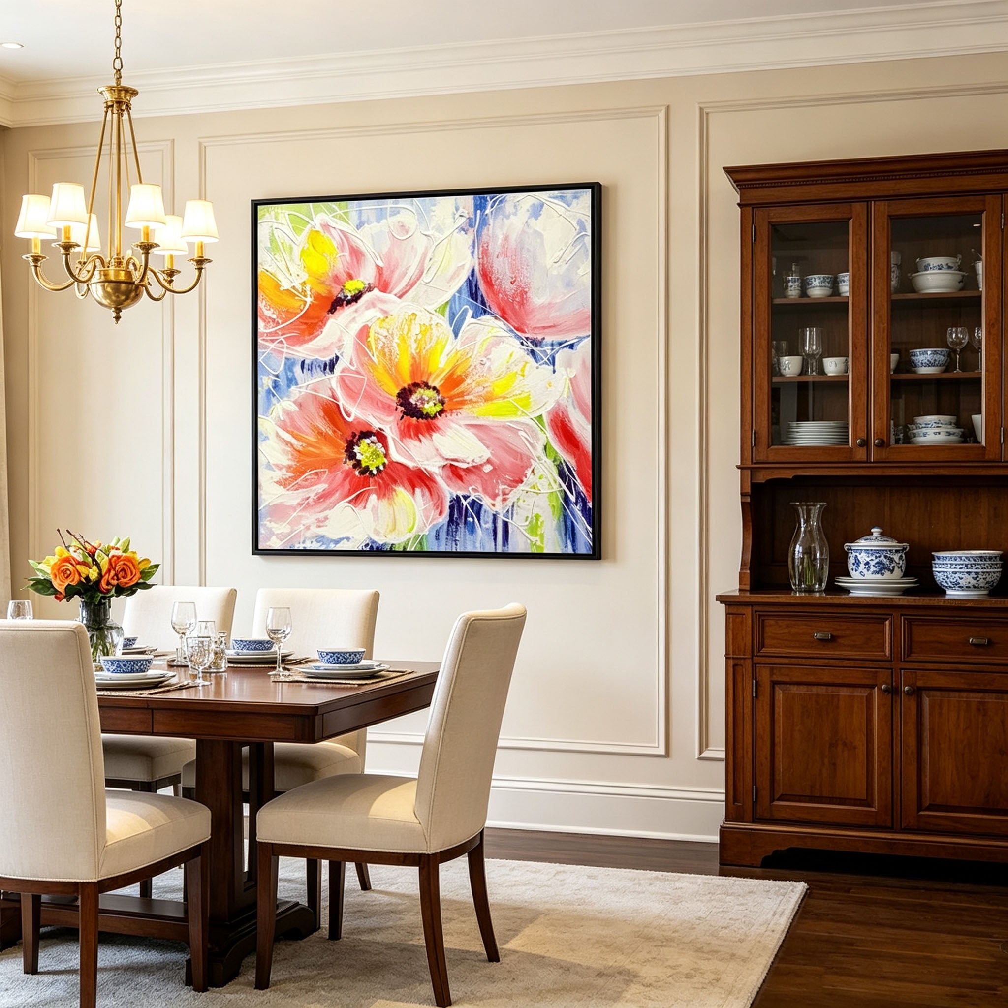 Colorful Poppy Flower Oil Painting, Thick Impasto Textured Floral Canvas Wall Art, Modern Home Office Decor