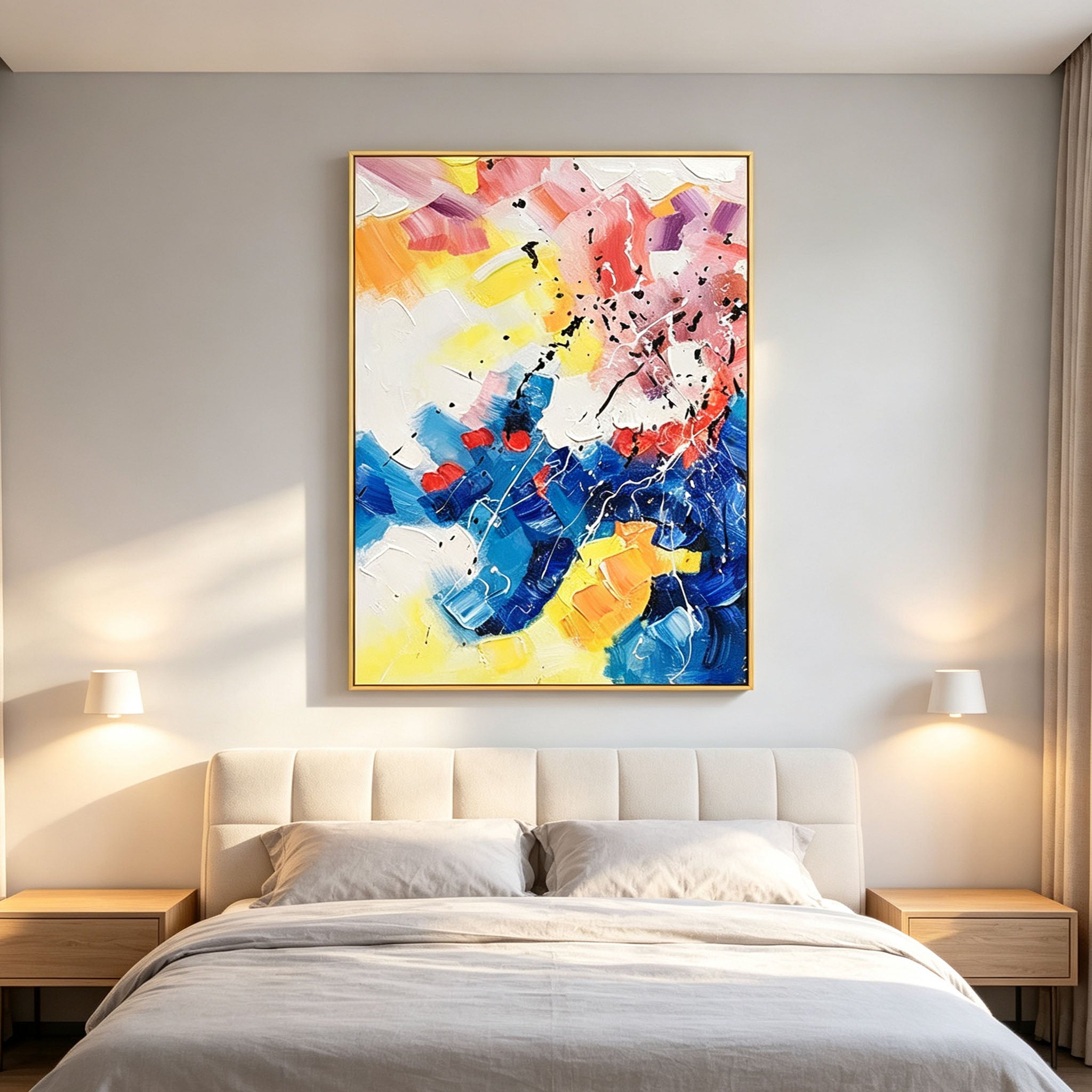 Colorful Abstract Wall Art, Vibrant Blue Pink Yellow Impasto Oil Painting, Large Textured Splatter Canvas Art, Modern Living Room Entryway Decor