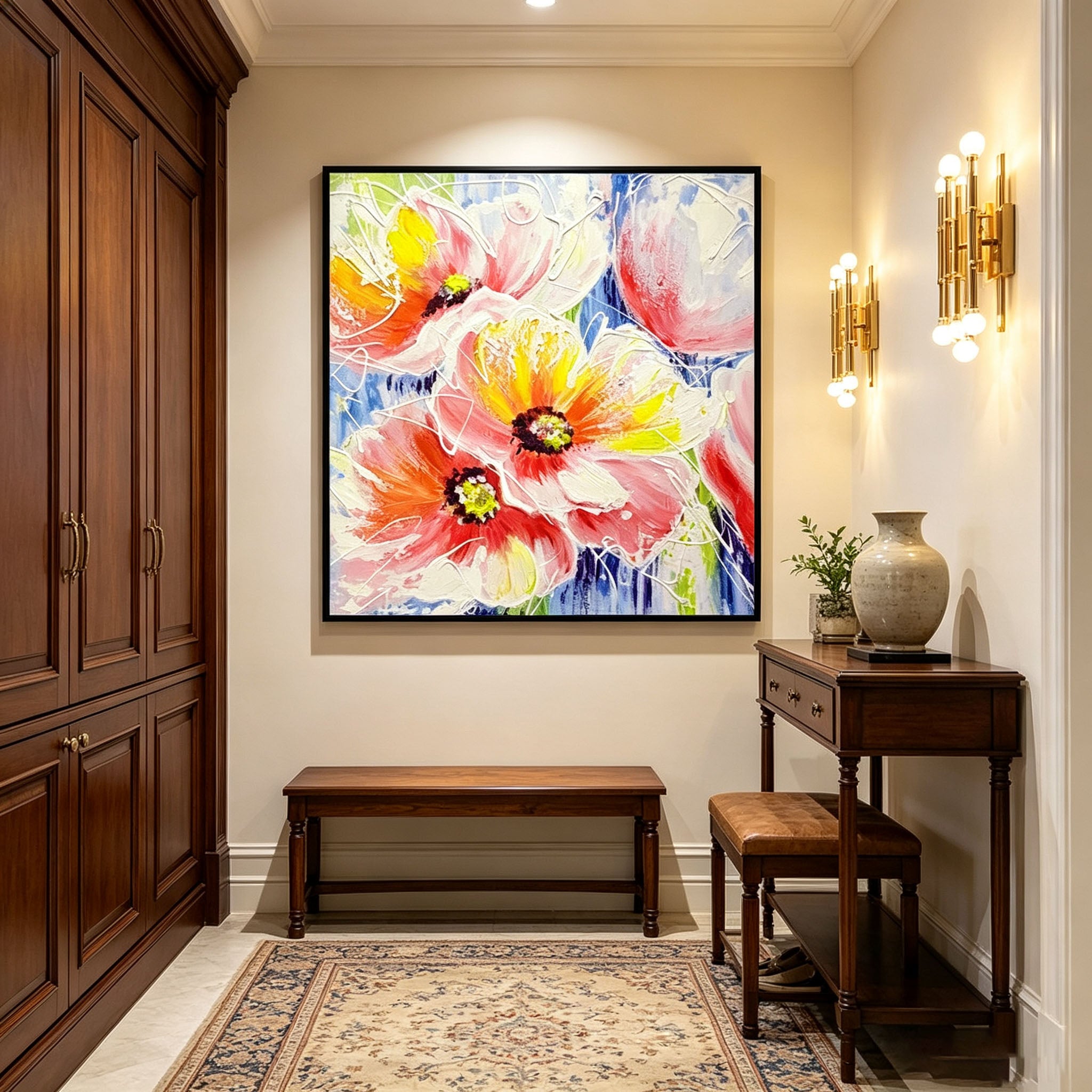 Colorful Poppy Flower Oil Painting, Thick Impasto Textured Floral Canvas Wall Art, Modern Home Office Decor