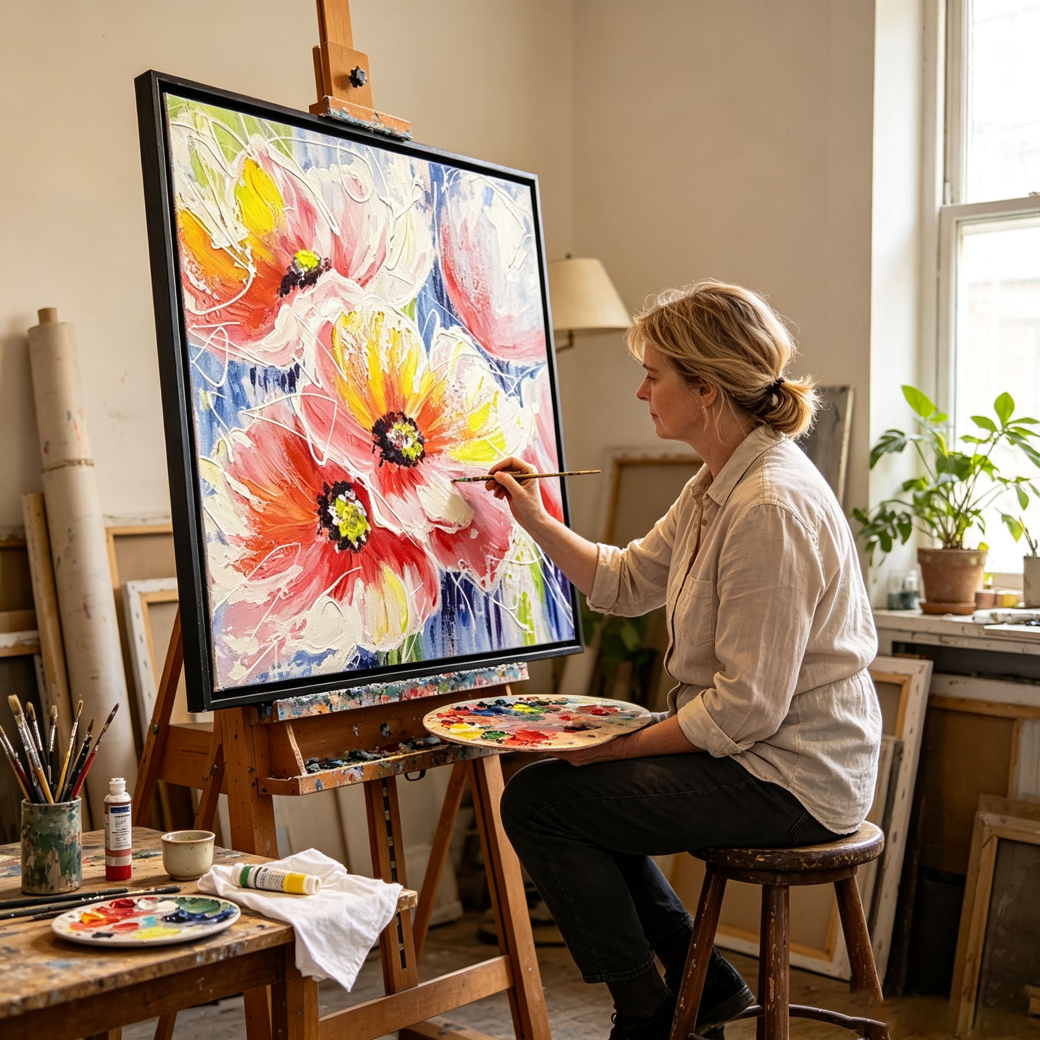 Colorful Poppy Flower Oil Painting, Thick Impasto Textured Floral Canvas Wall Art, Modern Home Office Decor