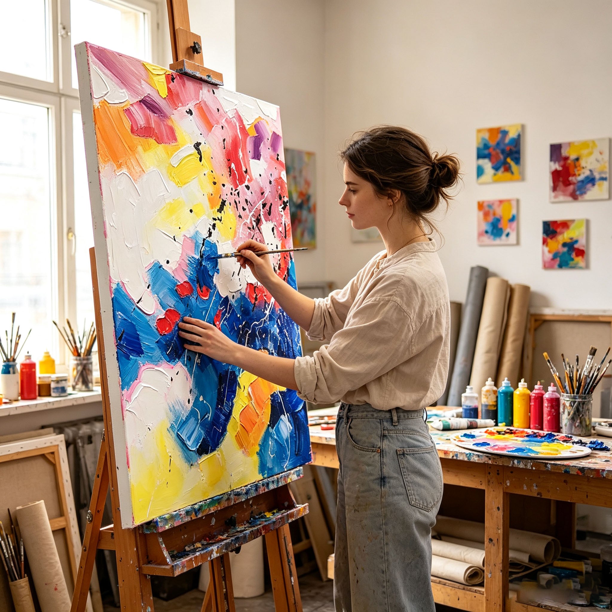 Colorful Abstract Wall Art, Vibrant Blue Pink Yellow Impasto Oil Painting, Large Textured Splatter Canvas Art, Modern Living Room Entryway Decor