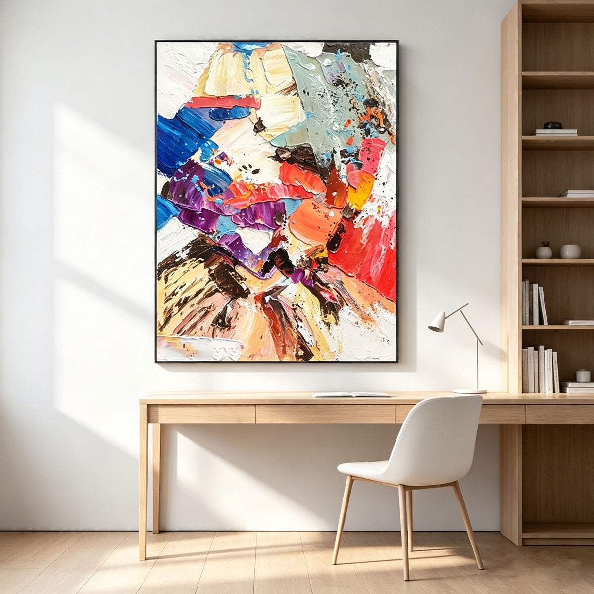 Bold Abstract Portrait Wall Art, Blue Purple Red Orange Impasto Oil Painting, Large Textured Face Canvas Art, Modern Entryway Living Room Wall Decor