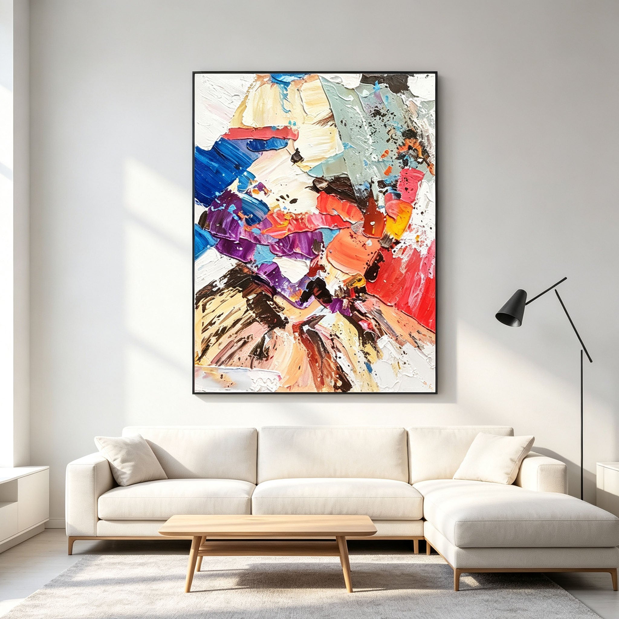 Bold Abstract Portrait Wall Art, Blue Purple Red Orange Impasto Oil Painting, Large Textured Face Canvas Art, Modern Entryway Living Room Wall Decor