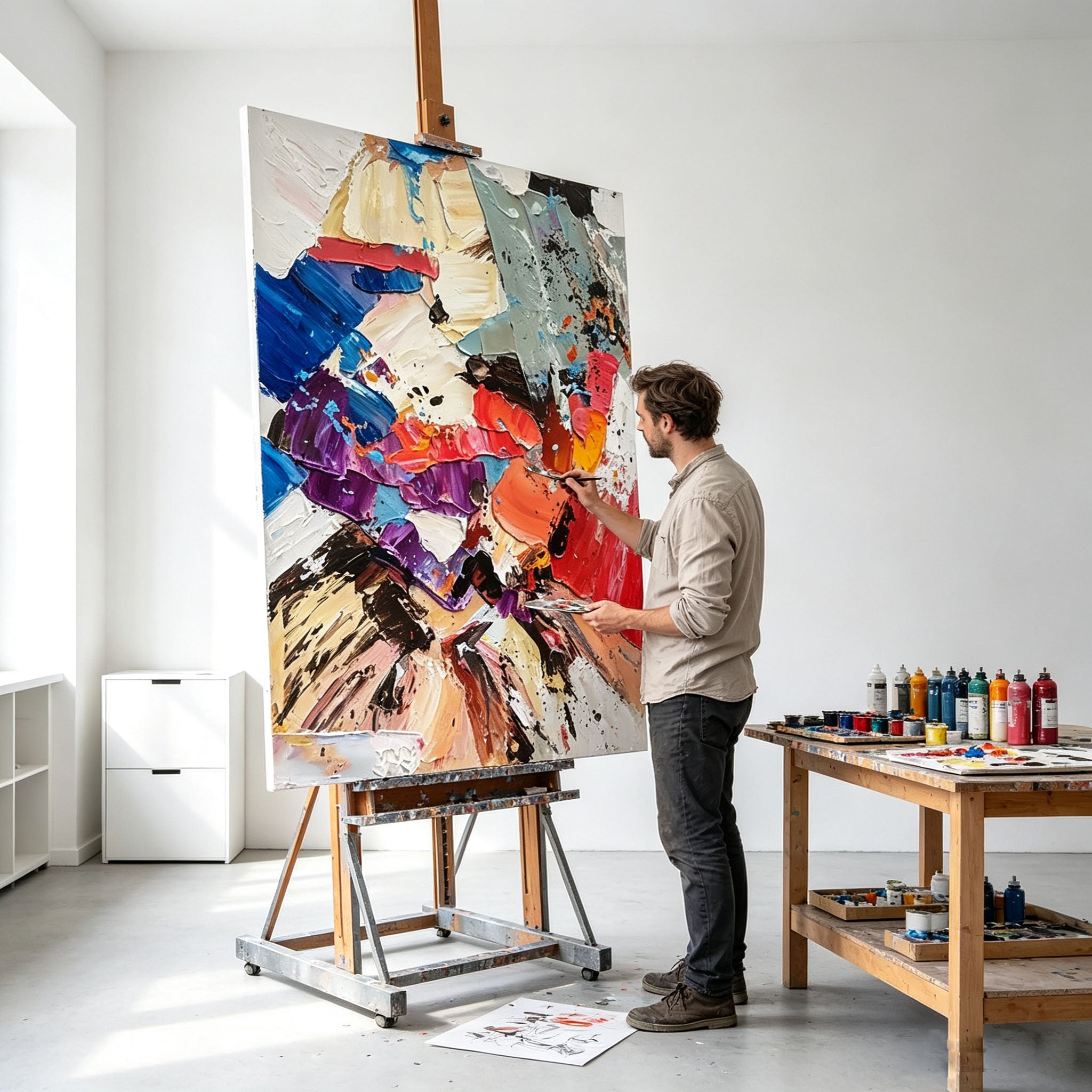 Bold Abstract Portrait Wall Art, Blue Purple Red Orange Impasto Oil Painting, Large Textured Face Canvas Art, Modern Entryway Living Room Wall Decor