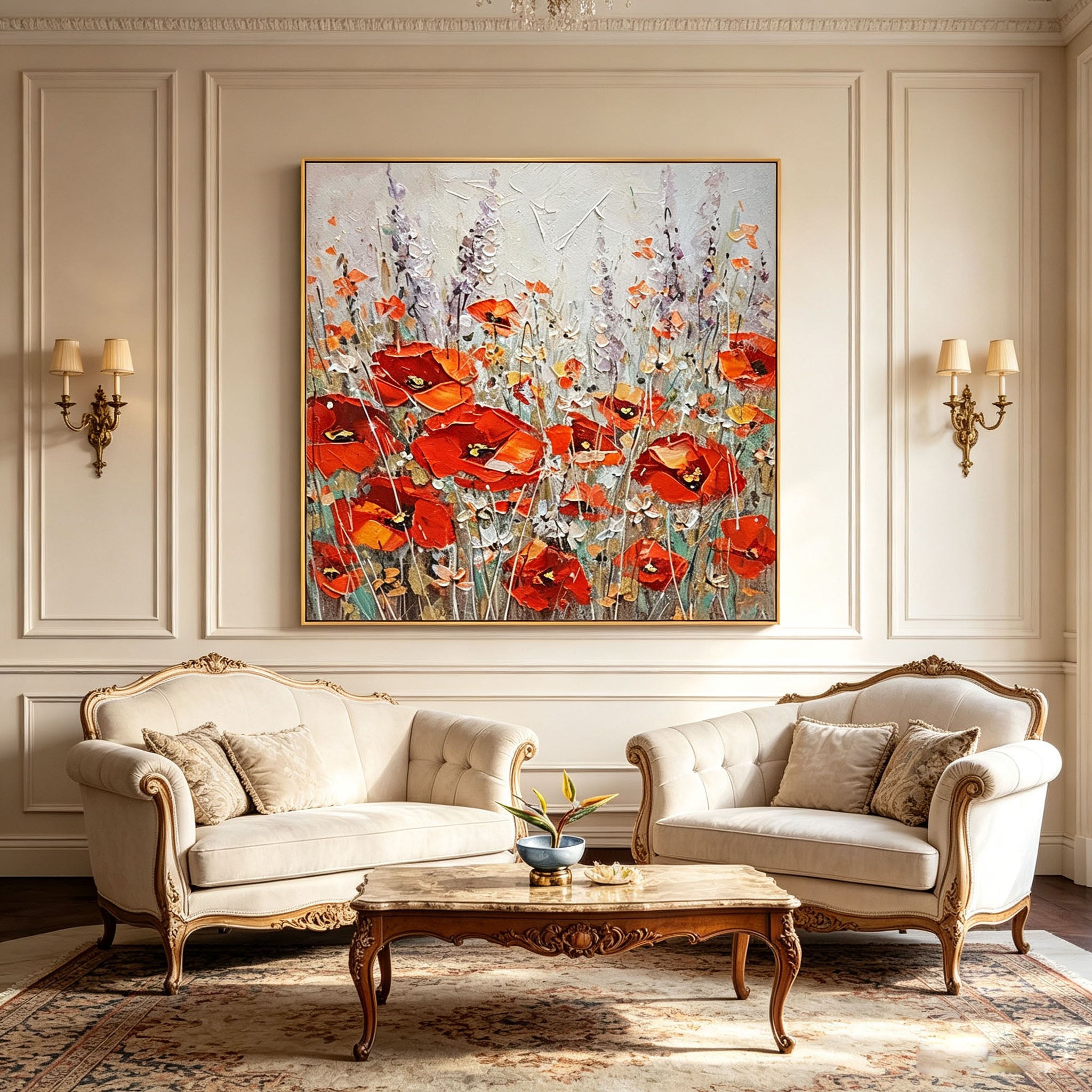 Thick Impasto Red Poppy Wildflower Oil Painting, Textured Palette Knife Floral Canvas Wall Art, Vintage Garden Botanical Decor