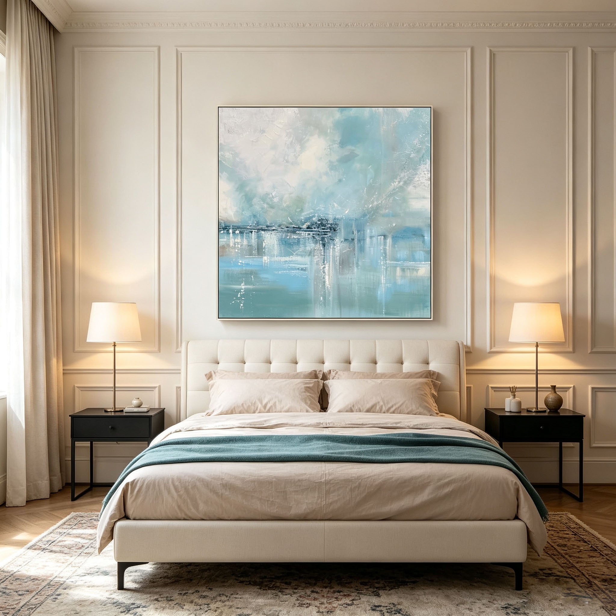 Light Blue Abstract City Seascape Oil Painting, Thick Impasto Textured Water Reflection Canvas Wall Art, Modern Entryway Living Room Decor