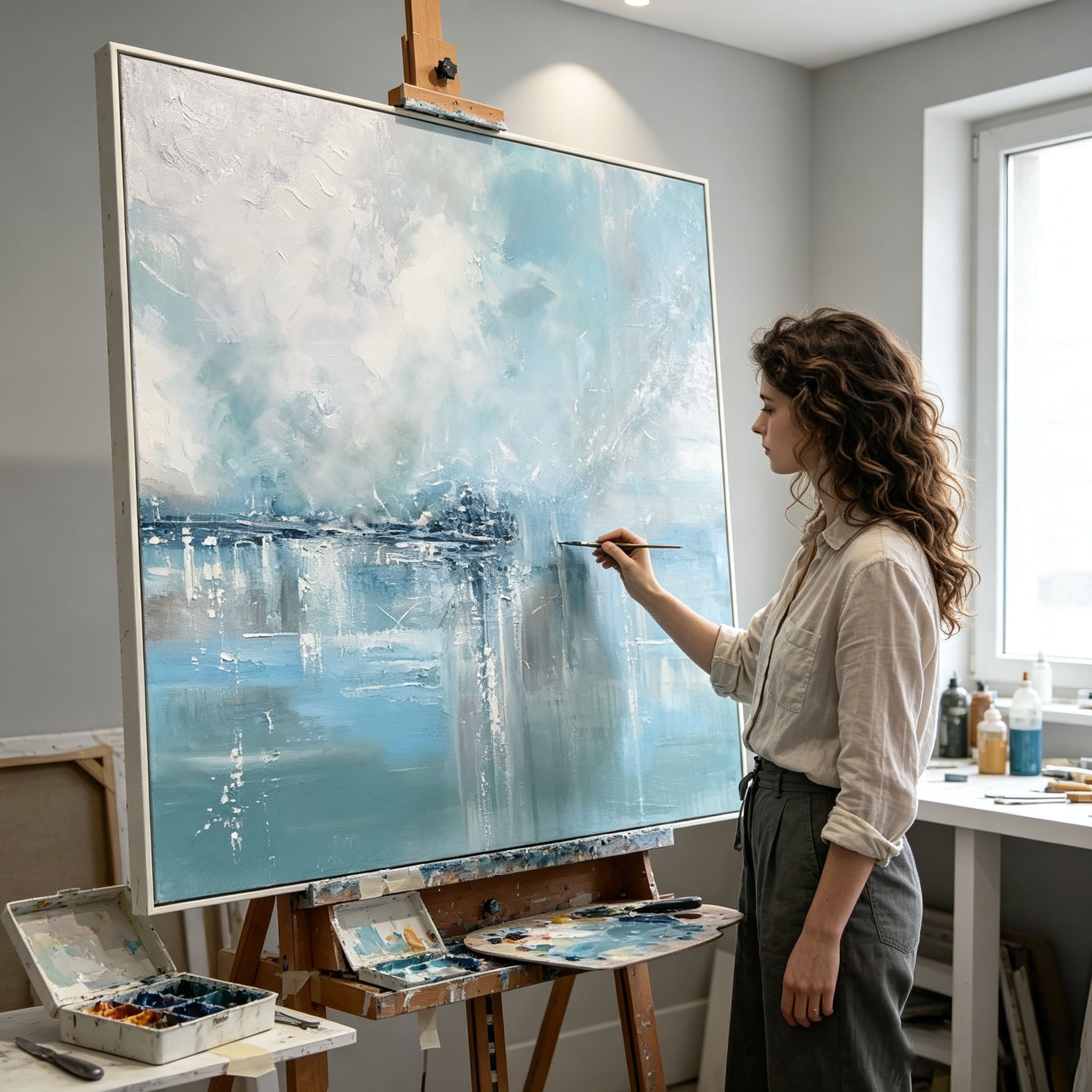 Light Blue Abstract City Seascape Oil Painting, Thick Impasto Textured Water Reflection Canvas Wall Art, Modern Entryway Living Room Decor
