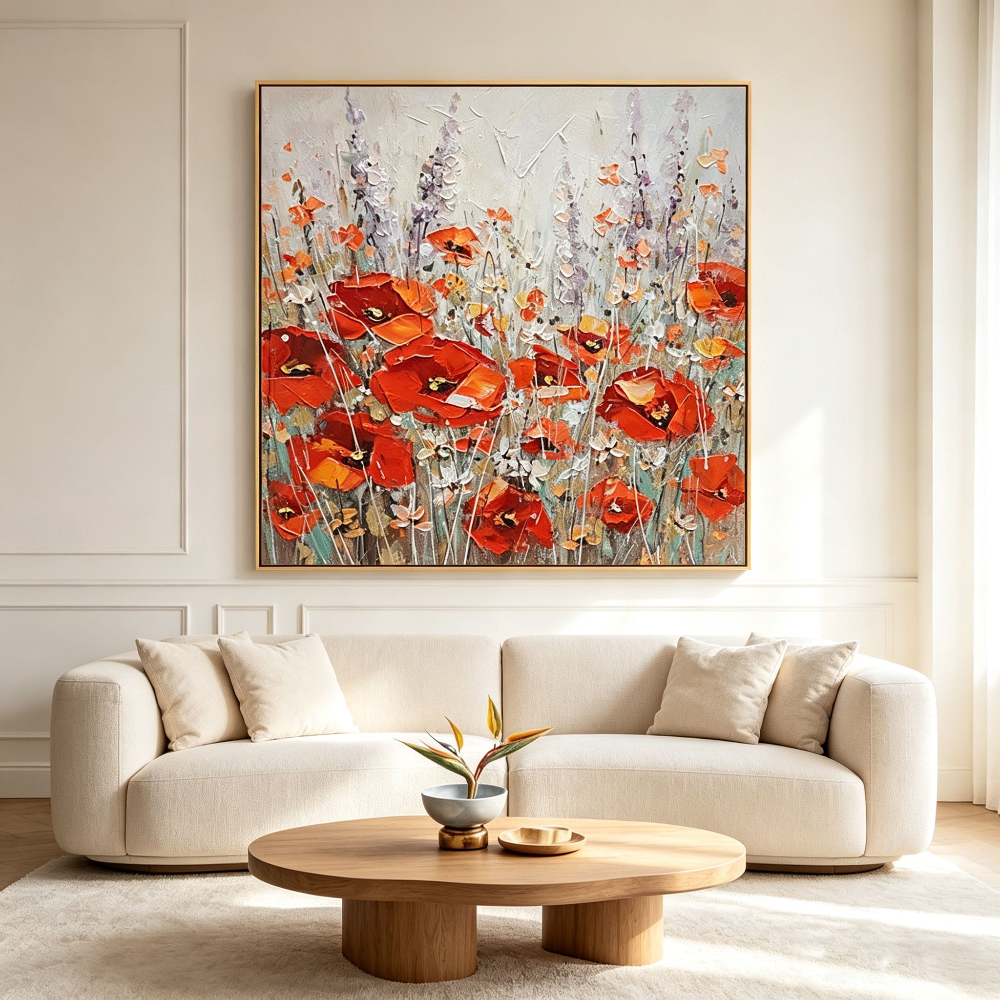 Thick Impasto Red Poppy Wildflower Oil Painting, Textured Palette Knife Floral Canvas Wall Art, Vintage Garden Botanical Decor
