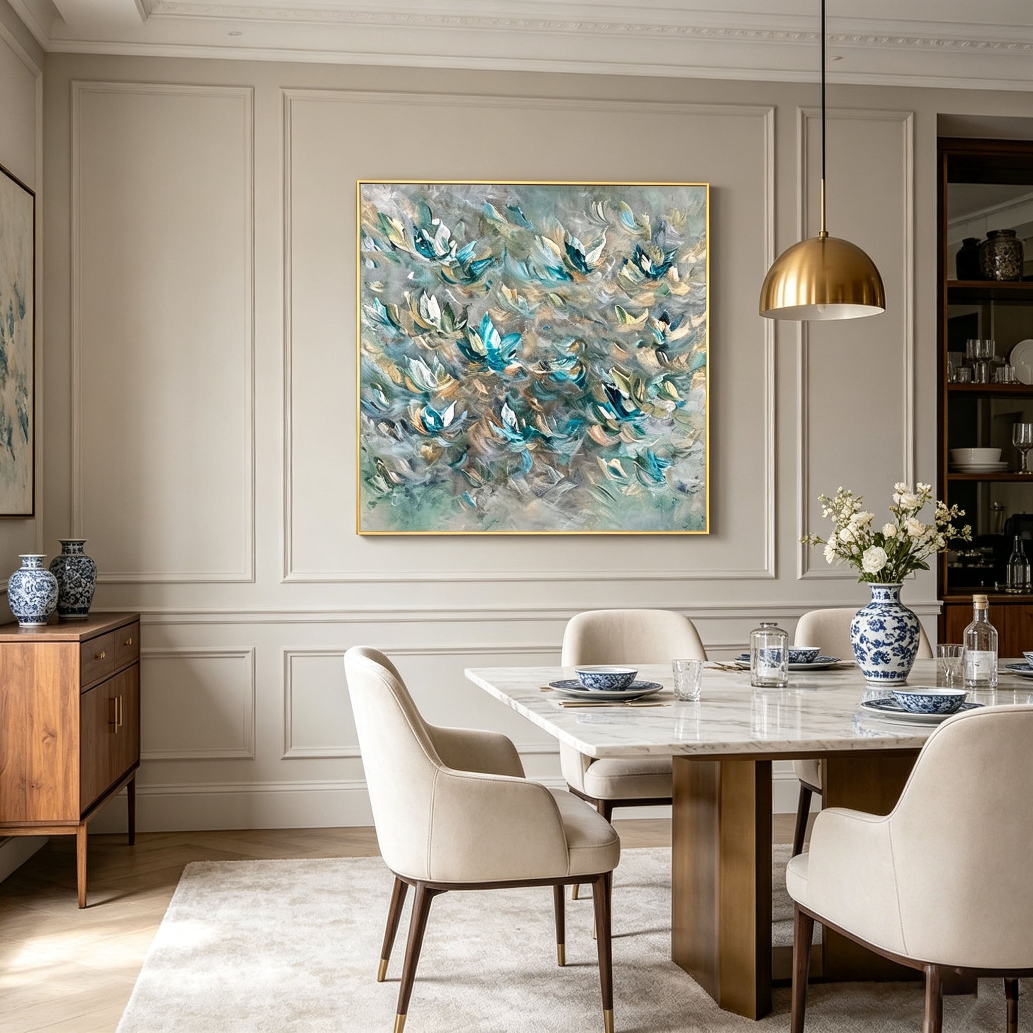 Teal White Abstract Lotus Floral Oil Painting, Thick Impasto Textured Flower Canvas Wall Art, Modern Entryway Living Room Decor