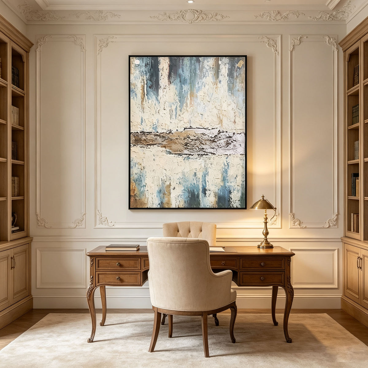 Abstract Seascape Wall Art, Muted Blue Cream Bronze Impasto Painting, Large Textured Horizon Canvas Art, Japandi Wabi-Sabi Living Room Decor