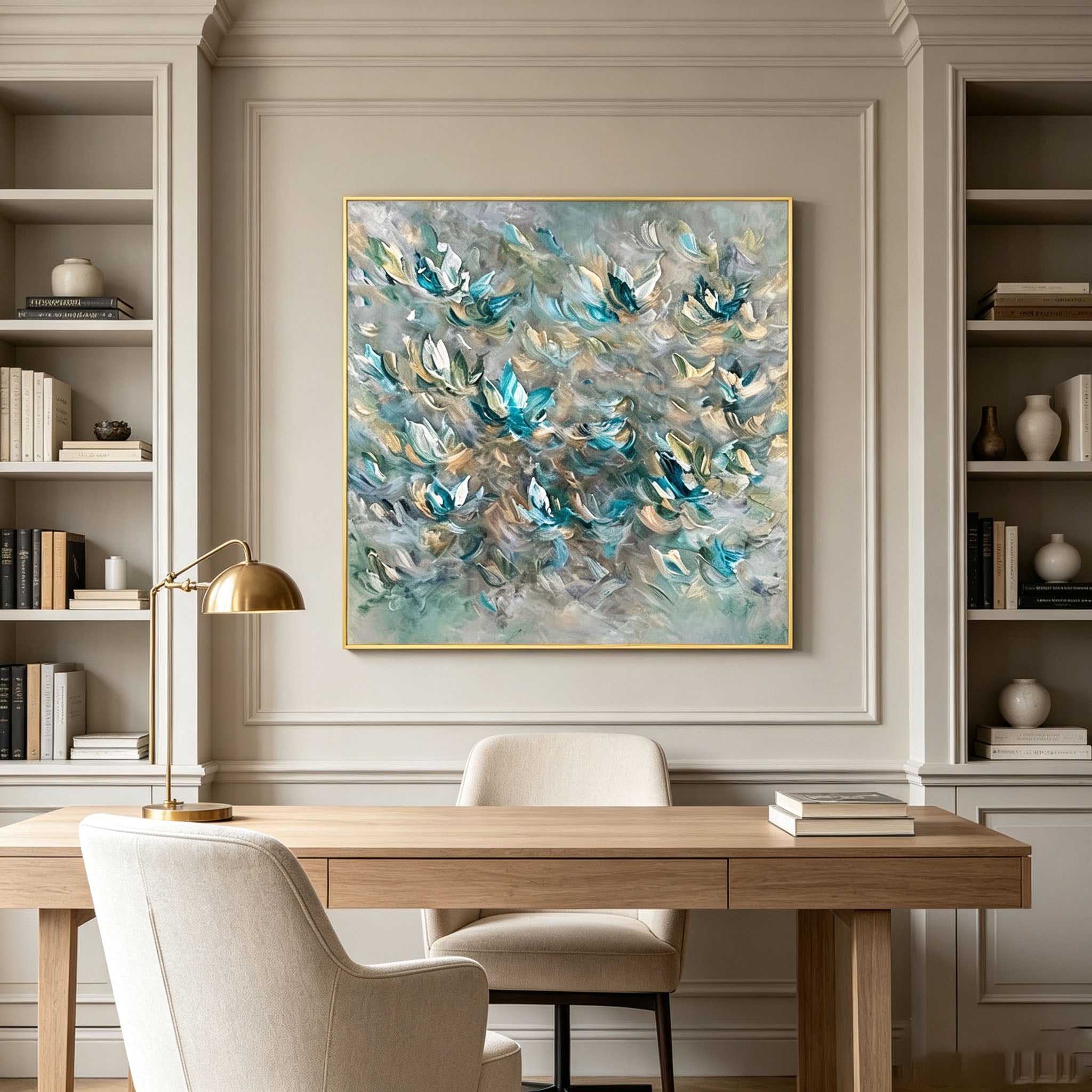 Teal White Abstract Lotus Floral Oil Painting, Thick Impasto Textured Flower Canvas Wall Art, Modern Entryway Living Room Decor